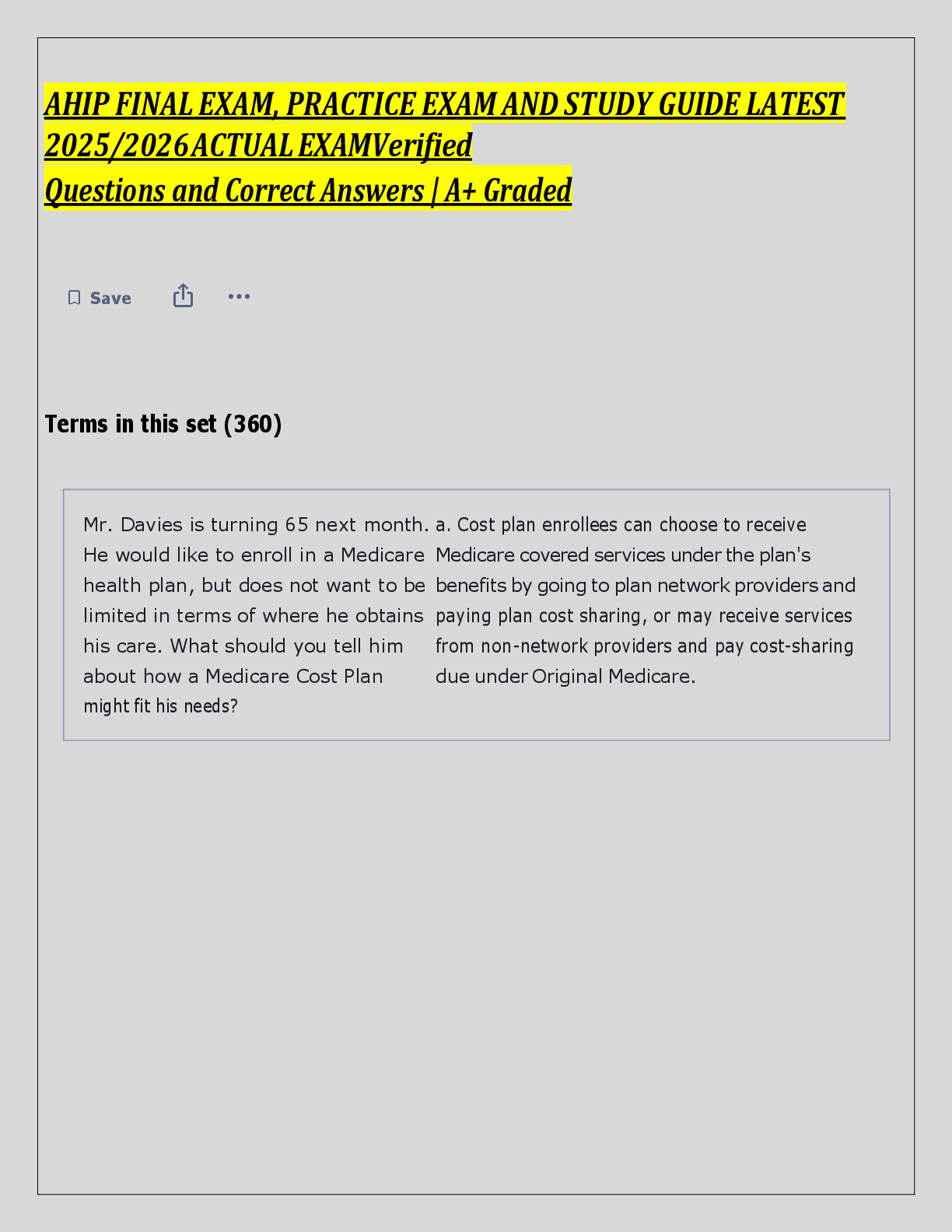 Recommended document preview for AHIP FINAL EXAM, PRACTICE EXAM AND STUDY GUIDE LATEST  2025/2026 ACTUAL EXAMVerified  Questions and Correct Answers | A+ Graded
