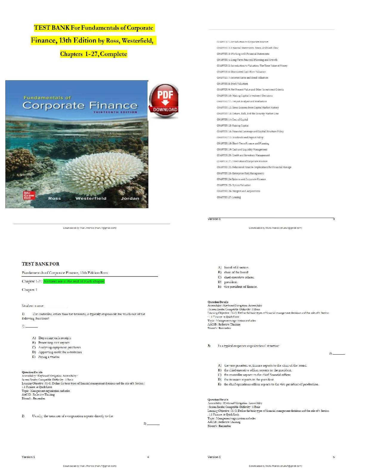 FIN 301 Corporate Finance Test Bank Chapters 1–27 | 2026 Exam Prep / Questions & Verified Answers