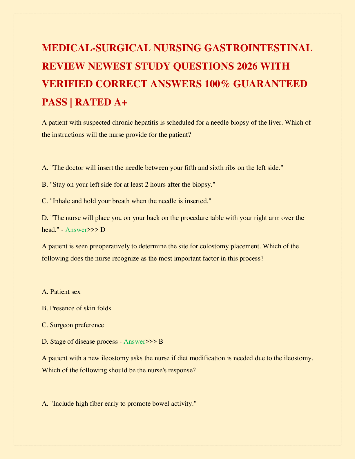 Recommended document preview for MEDICAL-SURGICAL NURSING GASTROINTESTINAL REVIEW NEWEST STUDY QUESTIONS 2026 WITH VERIFIED CORRECT ANSWERS 100% GUARANTEED PASS | RATED A+