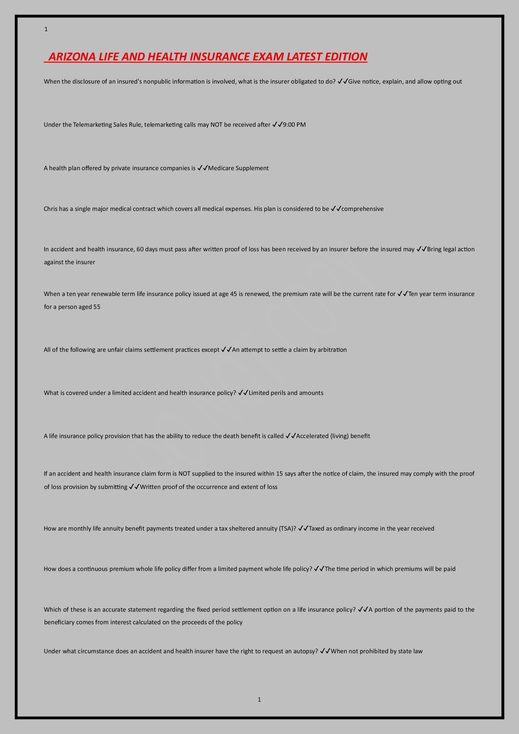 Preview image for ARIZONA LIFE AND HEALTH INSURANCE EXAM LATEST EDITION