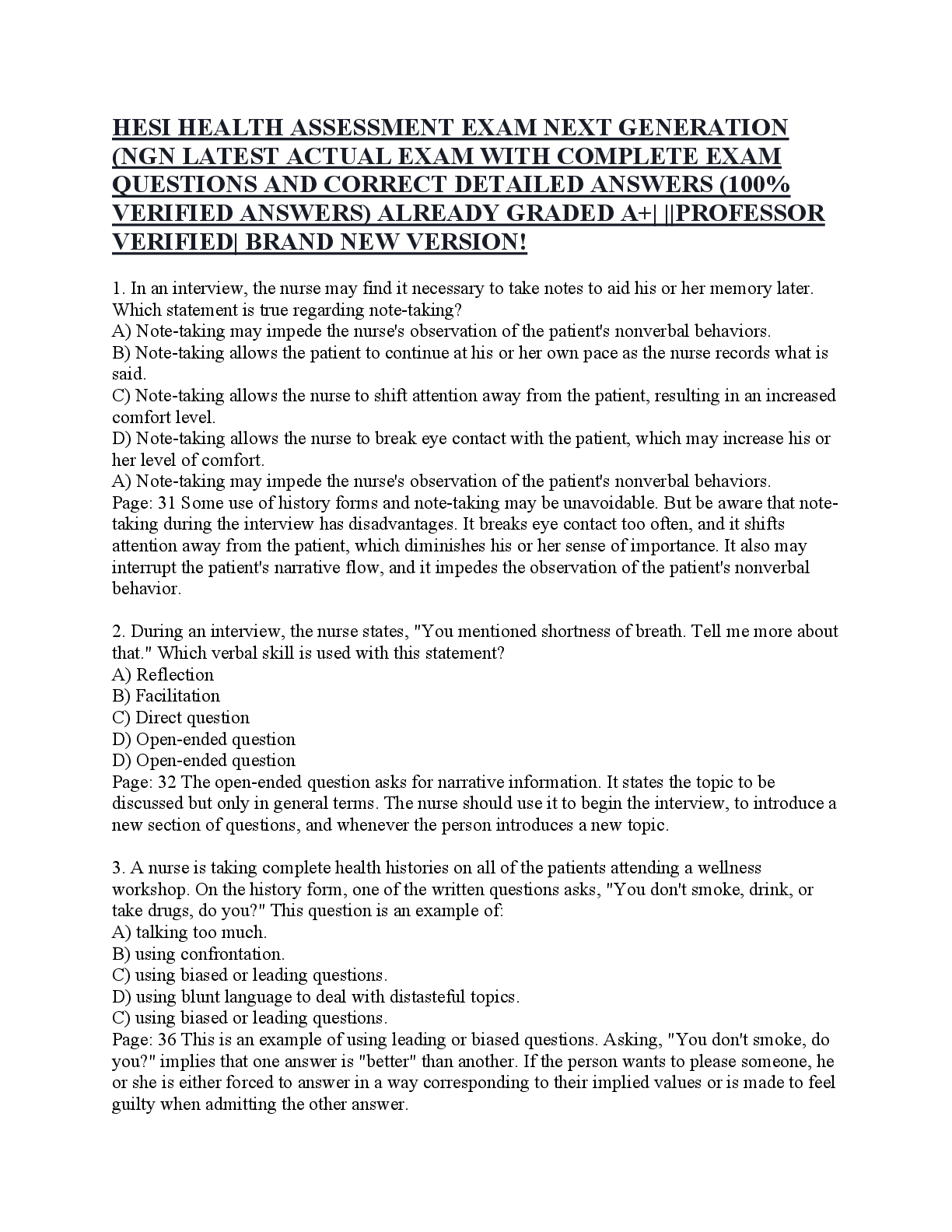 Preview of HESI HEALTH ASSESSMENT EXAM NEXT GENERATION (NGN LATEST ACTUAL EXAM WITH COMPLETE EXAM QUESTIONS AND CORRECT DETAILED ANSWERS (100% VERIFIED ANSWERS) ALREADY GRADED A+| ||PROFESSOR VERIFIED| BRAND NEW VERSION!.