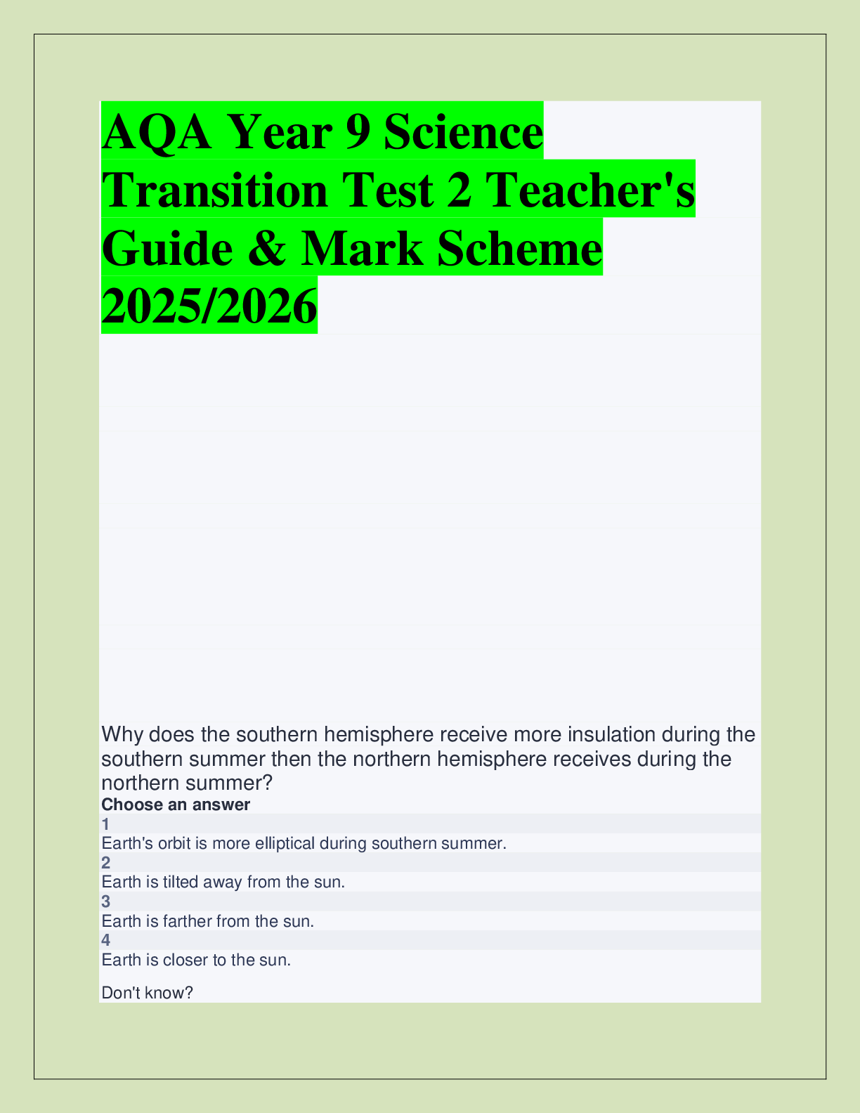 Recommended document preview for AQA Year 9 Science  Transition Test 2 Teacher's  Guide & Mark Scheme  2025/2026