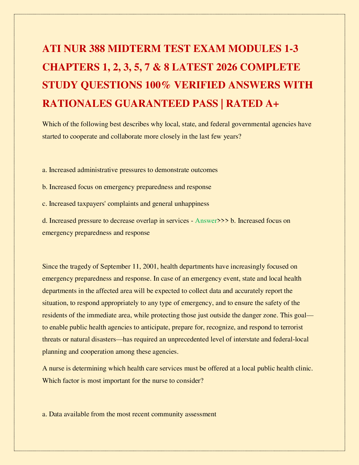 Recommended document preview for ATI NUR 388 MIDTERM TEST EXAM MODULES 1-3 CHAPTERS 1, 2, 3, 5, 7 & 8 LATEST 2026 COMPLETE STUDY QUESTIONS 100% VERIFIED ANSWERS WITH RATIONALES GUARANTEED PASS | RATED A+