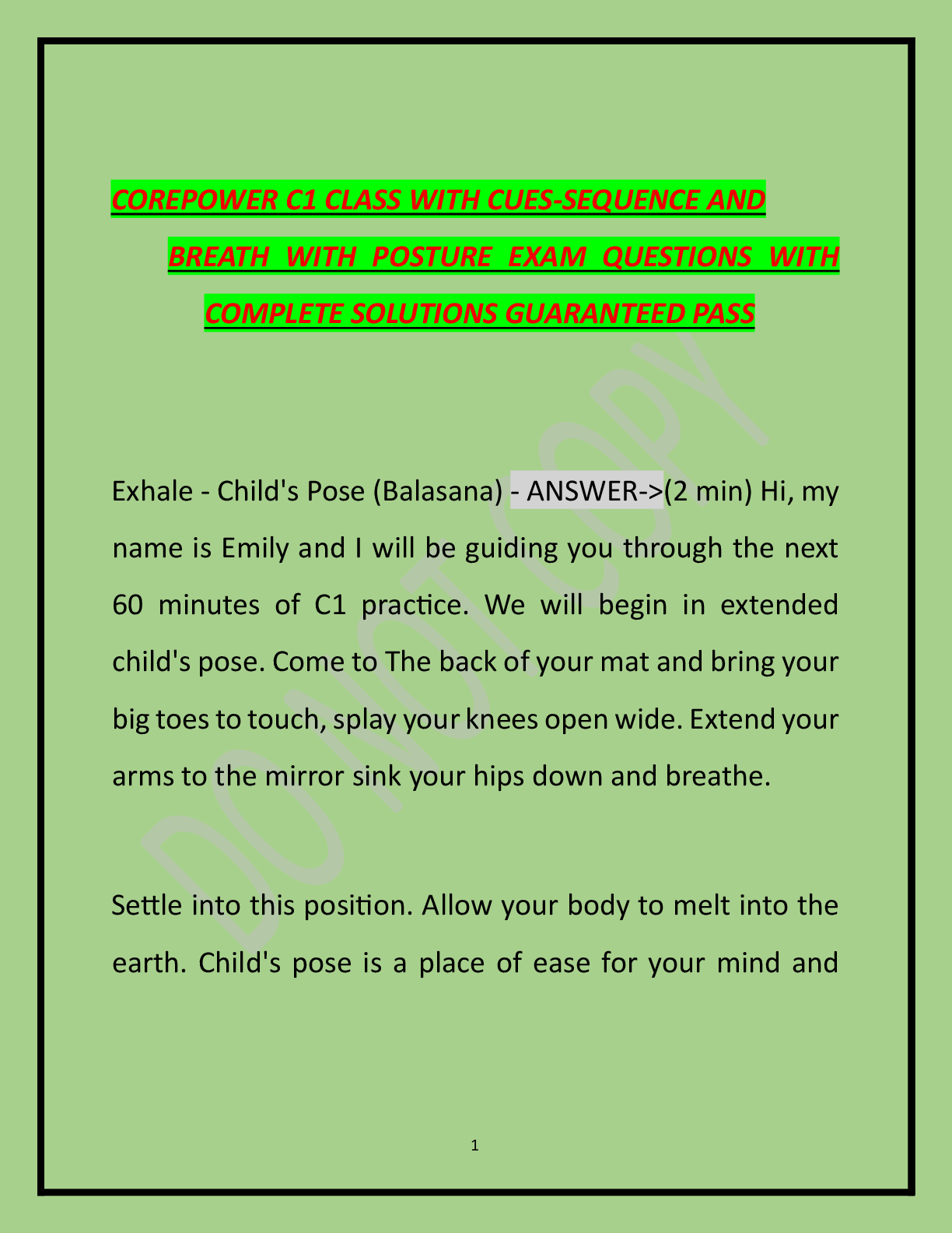 Preview of COREPOWER C1 CLASS WITH CUES-SEQUENCE AND   BREATH WITH POSTURE EXAM QUESTIONS WITH  COMPL