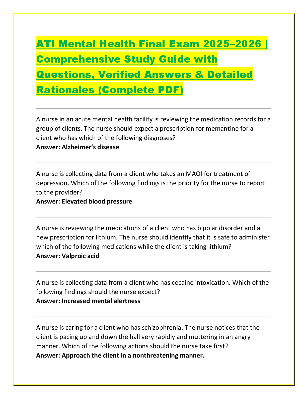 Recommended document preview for Mental Health Final Exam 2025–2026 | Comprehensive Study Guide with Questions, Verified Answers & Detailed Rationales (Complete PDF)
