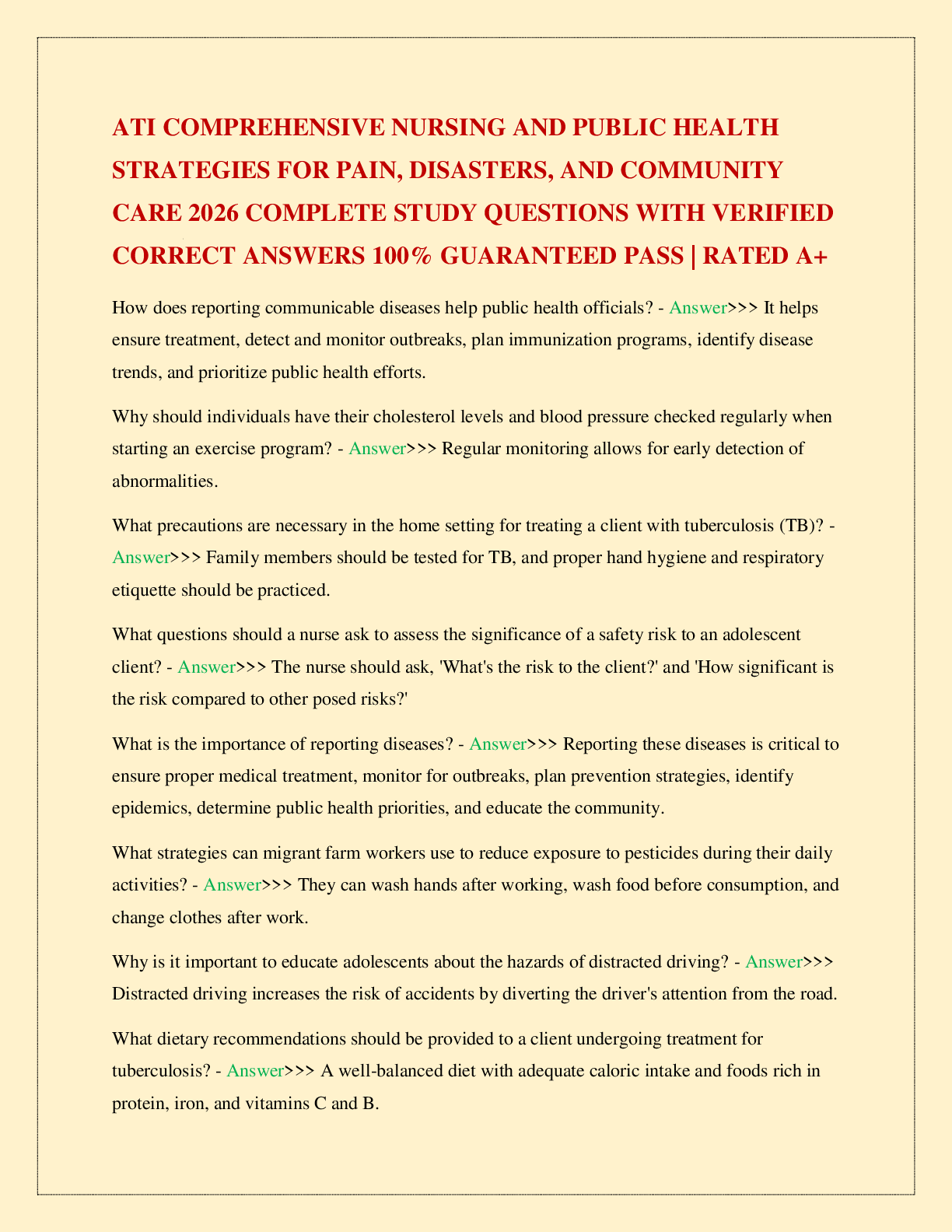 Recommended document preview for ATI COMPREHENSIVE NURSING AND PUBLIC HEALTH STRATEGIES FOR PAIN, DISASTERS, AND COMMUNITY CARE 2026 COMPLETE STUDY QUESTIONS WITH VERIFIED CORRECT ANSWERS 100% GUARANTEED PASS | RATED A+