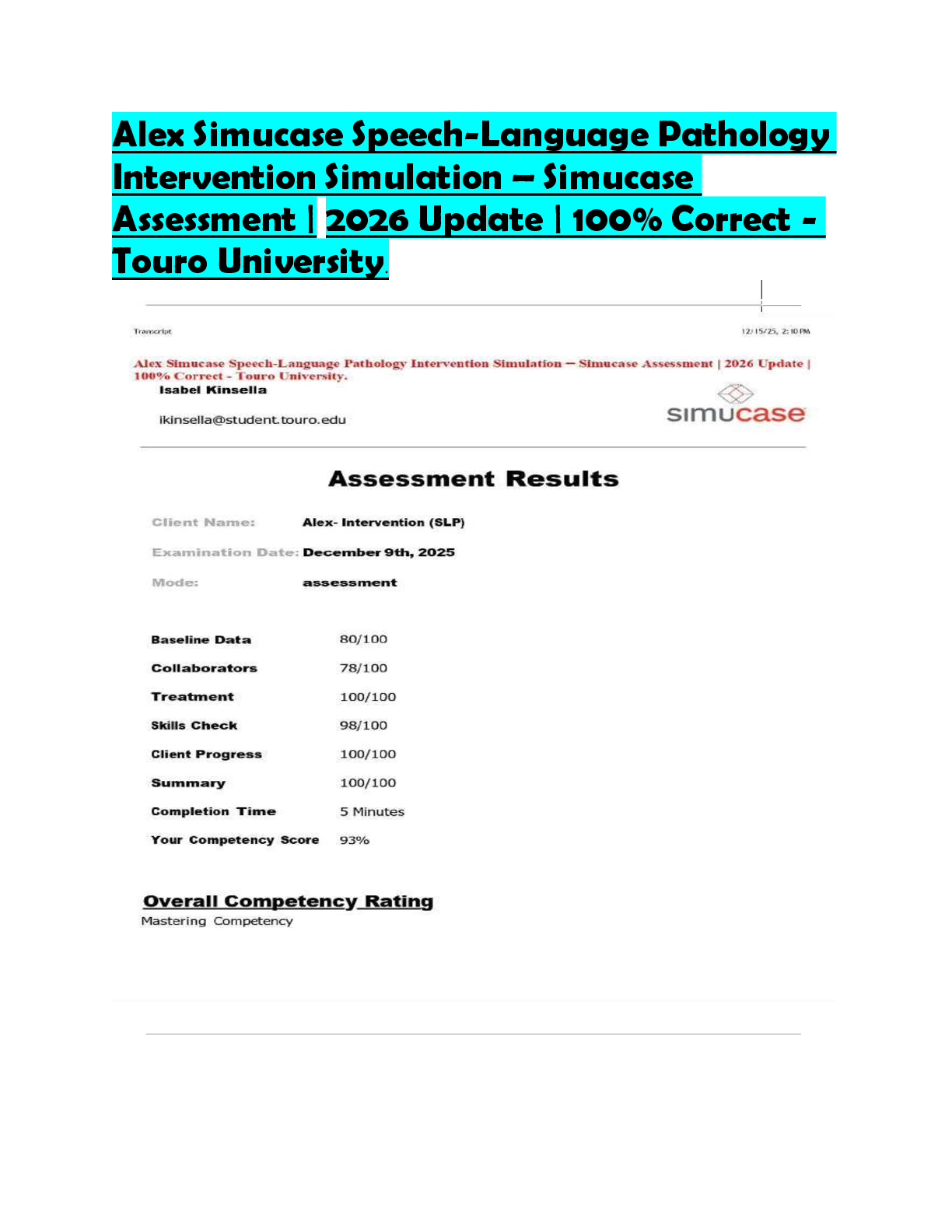 Preview of Alex Simucase Speech-Language Pathology  Intervention Simulation – Simucase  Assessment |