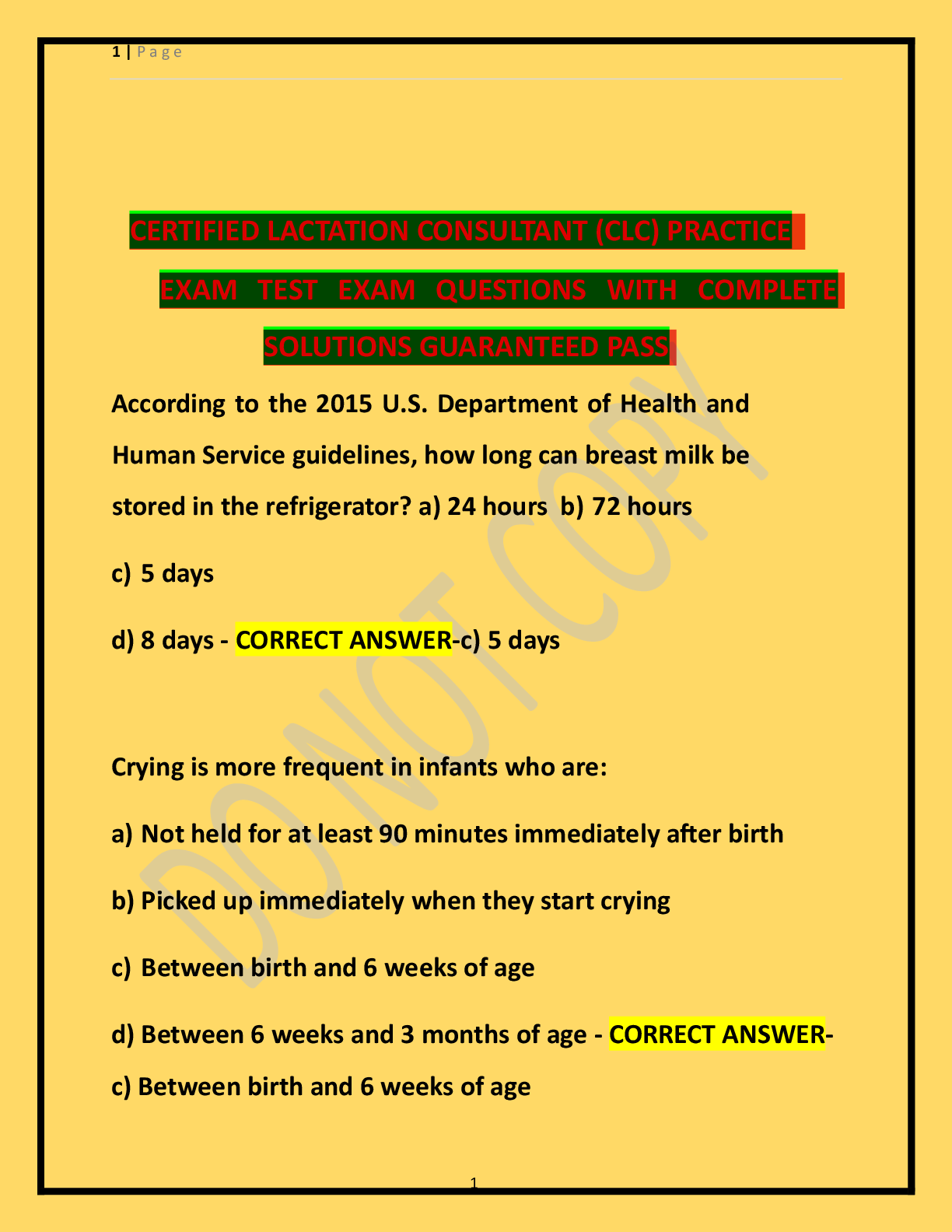 CERTIFIED LACTATION CONSULTANT (CLC) PRACTICE   EXAM TEST EXAM QUESTIONS WITH COMPLETE  SOLUTIONS GUARANTEED PASS