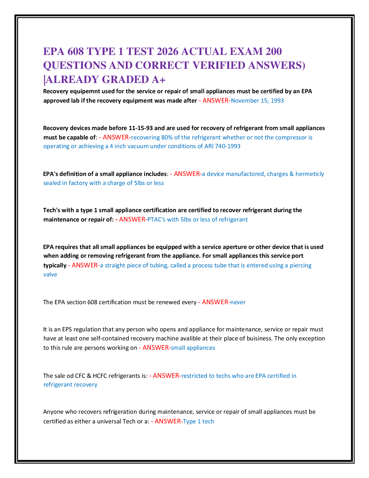 Preview of EPA 608 TYPE 1 TEST 2026 ACTUAL EXAM 200   QUESTIONS AND CORRECT VERIFIED ANSWERS)  |ALREA