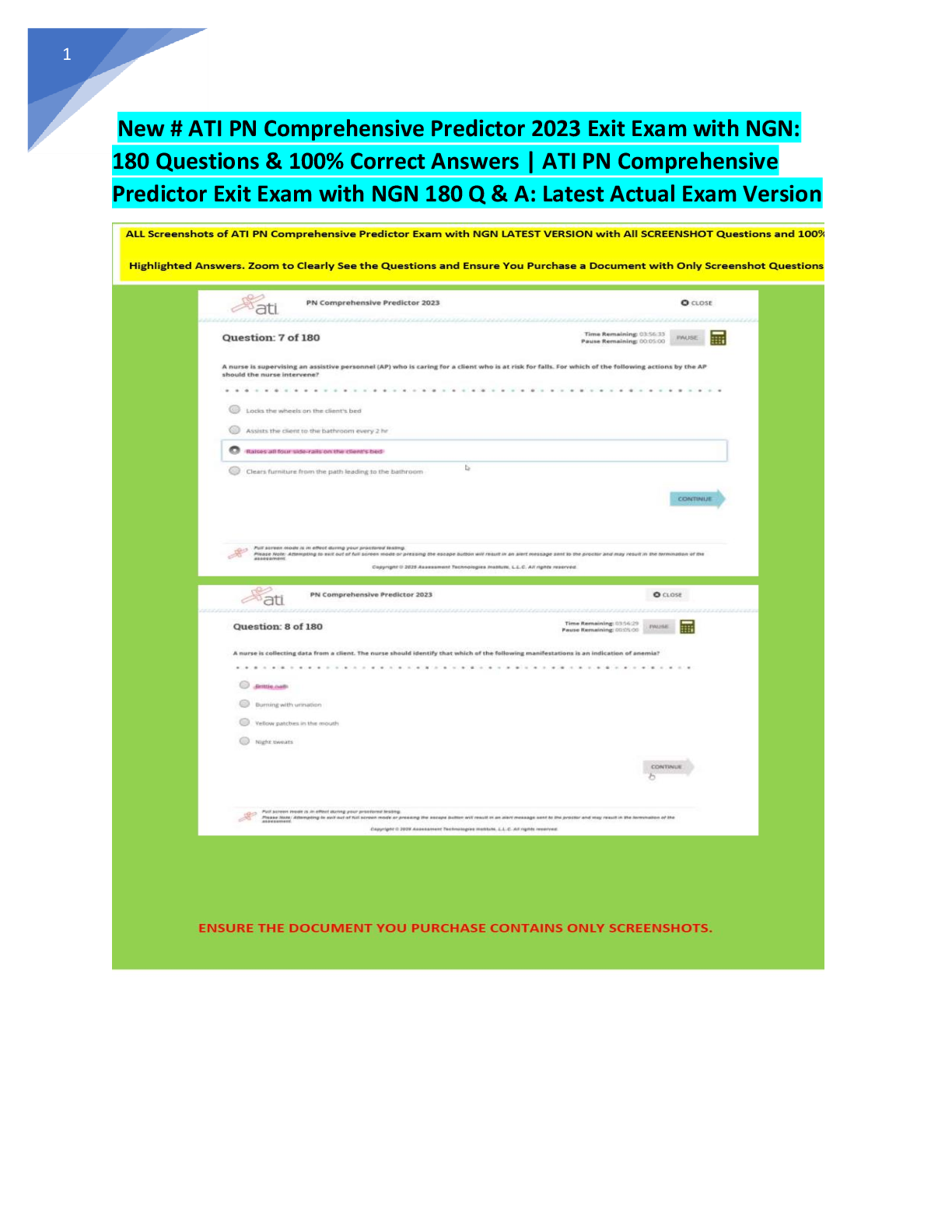 Preview of New # ATI PN Comprehensive Predictor 2023 Exit Exam with NGN:  180 Questions & 100% Correct Answers | ATI PN Comprehensive  Predictor Exit Exam with NGN 180 Q & A: Latest Actual Exam Version