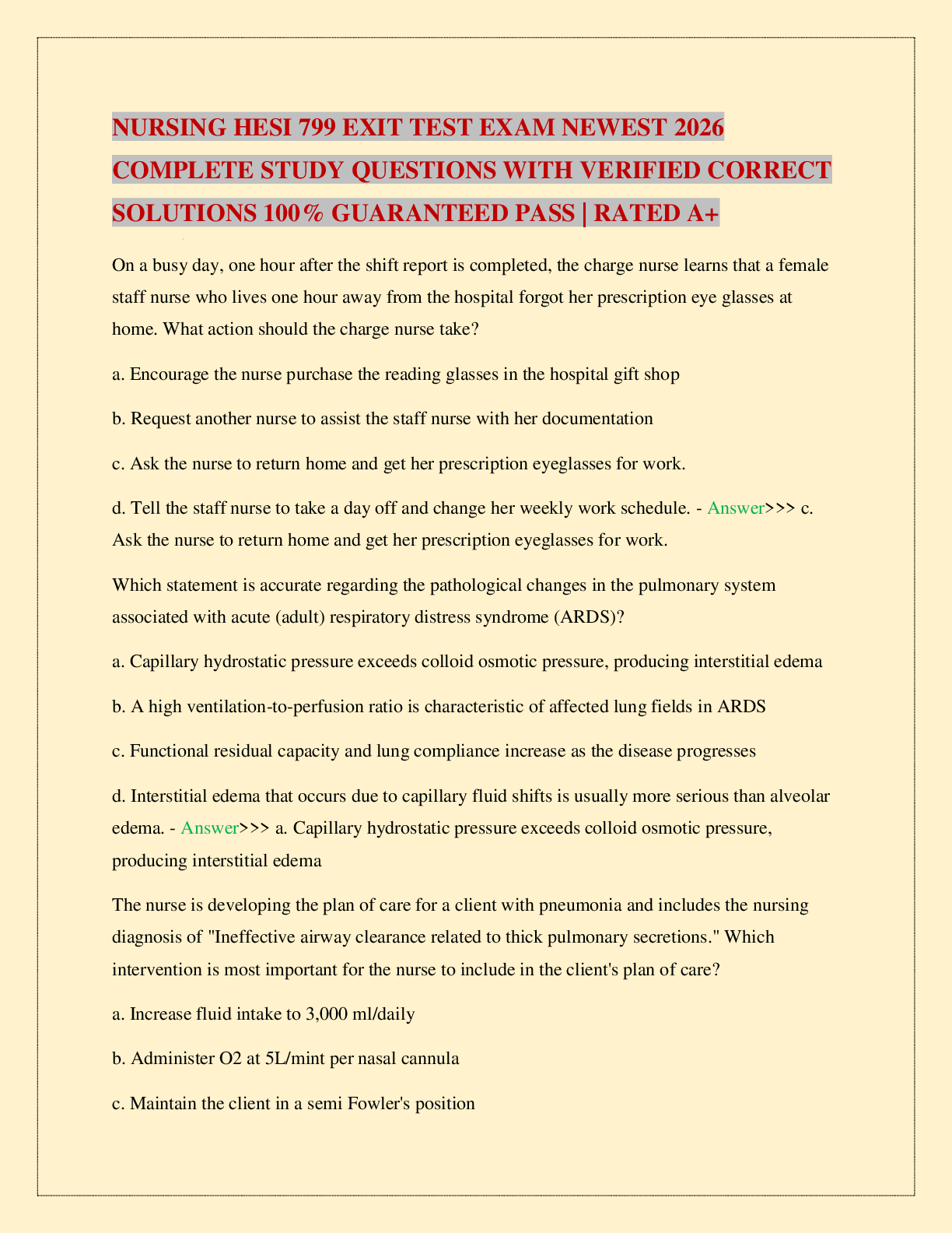 Recommended document preview for NURSING HESI 799 EXIT TEST EXAM NEWEST 2026 COMPLETE STUDY QUESTIONS WITH VERIFIED CORRECT SOLUTIONS 100% GUARANTEED PASS | RATED A+