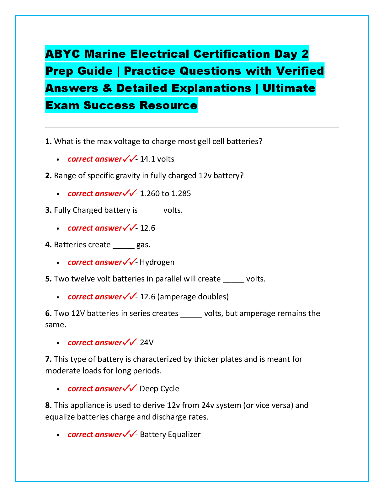 Preview of ABYC Marine Electrical Certification Day 2  Prep Guide | Practice Questions with Verified