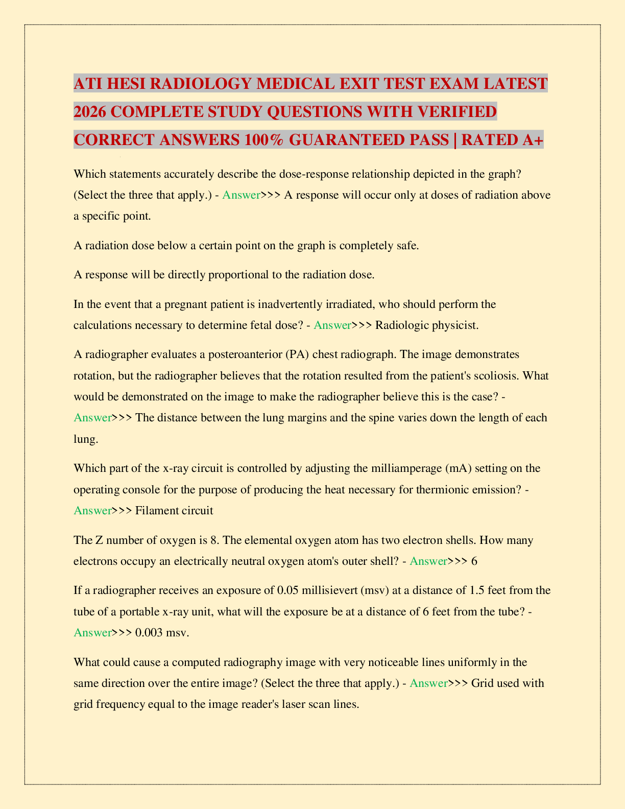 Recommended document preview for ATI HESI RADIOLOGY MEDICAL EXIT TEST EXAM LATEST 2026 COMPLETE STUDY QUESTIONS WITH VERIFIED CORRECT ANSWERS 100% GUARANTEED PASS | RATED A+