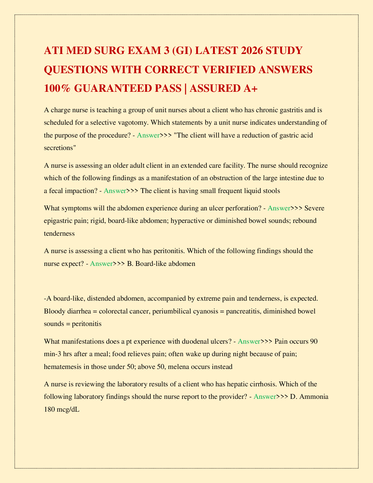 Preview of ATI MED SURG EXAM 3 (GI) LATEST 2026 STUDY QUESTIONS WITH CORRECT VERIFIED ANSWERS 100% GU