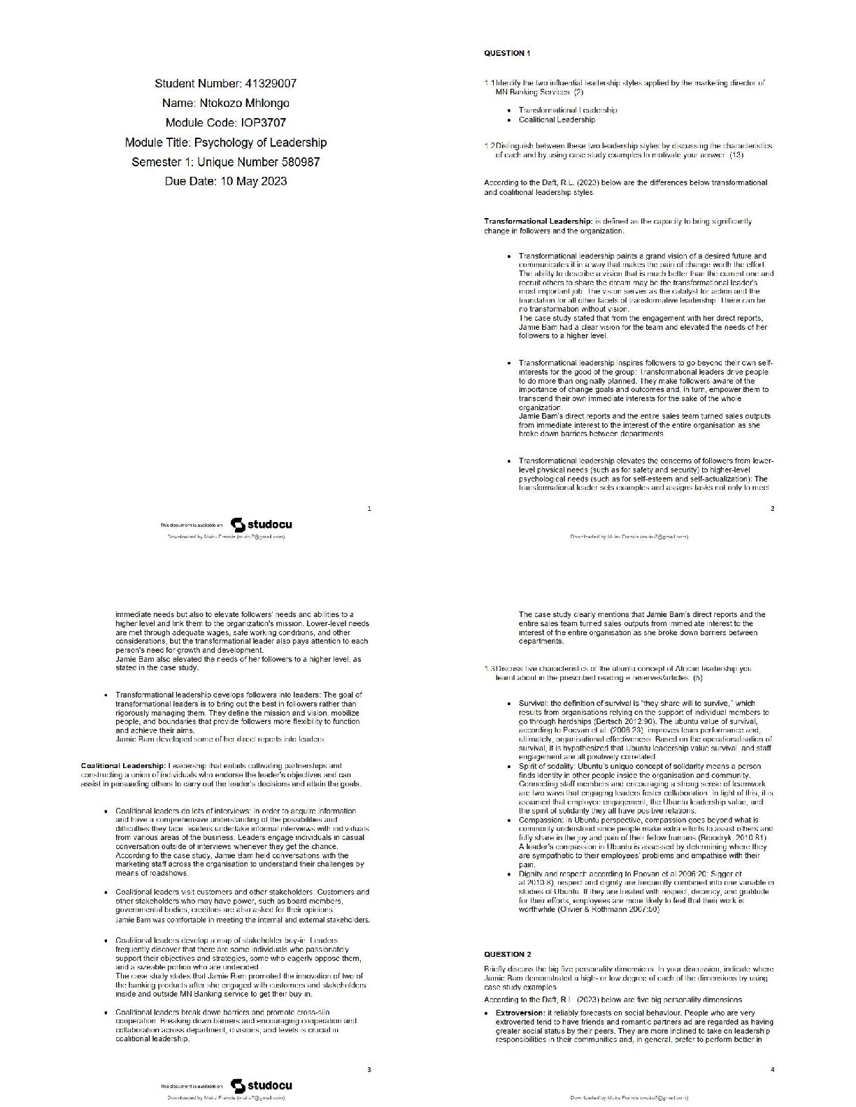 Preview of IOP3707 Psychology of Leadership | 2026 Study Guide / Exam Prep / Notes