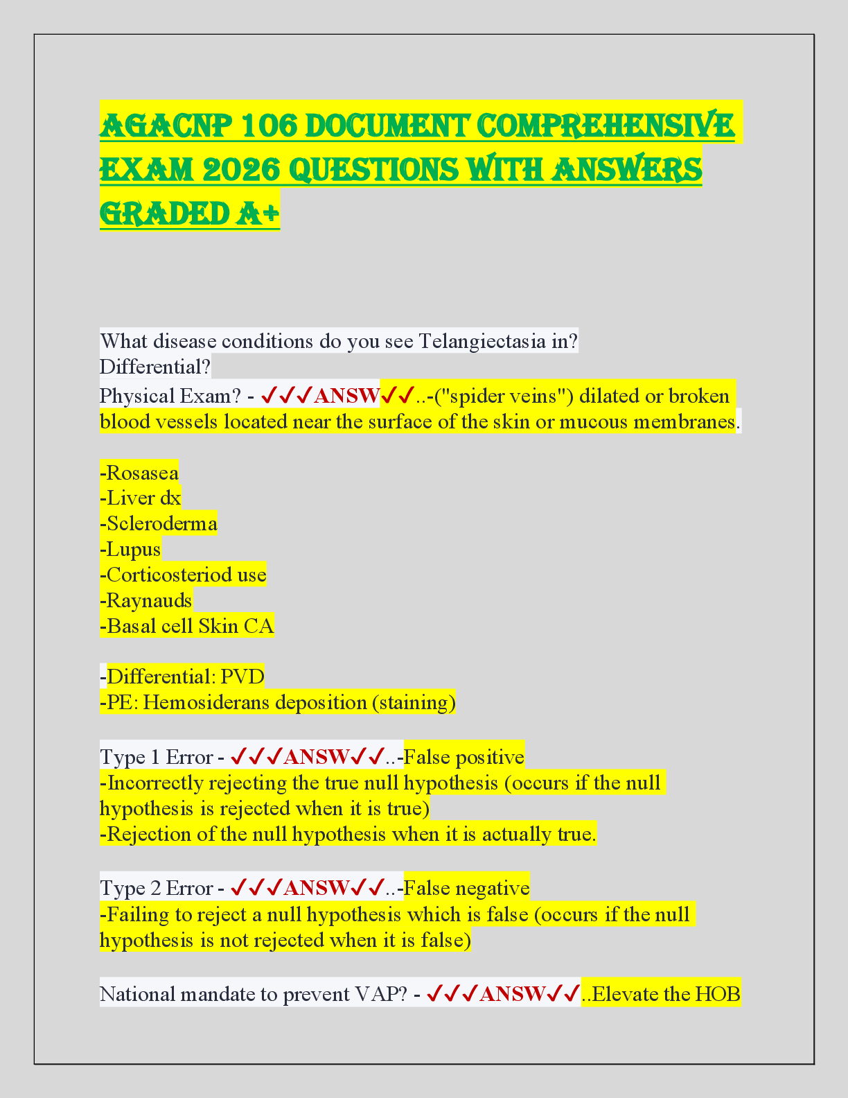 Preview of AGACNP 106 DOCUMENT COMPREHENSIVE  EXAM 2026 QUESTIONS WITH ANSWERS  GRADED A+