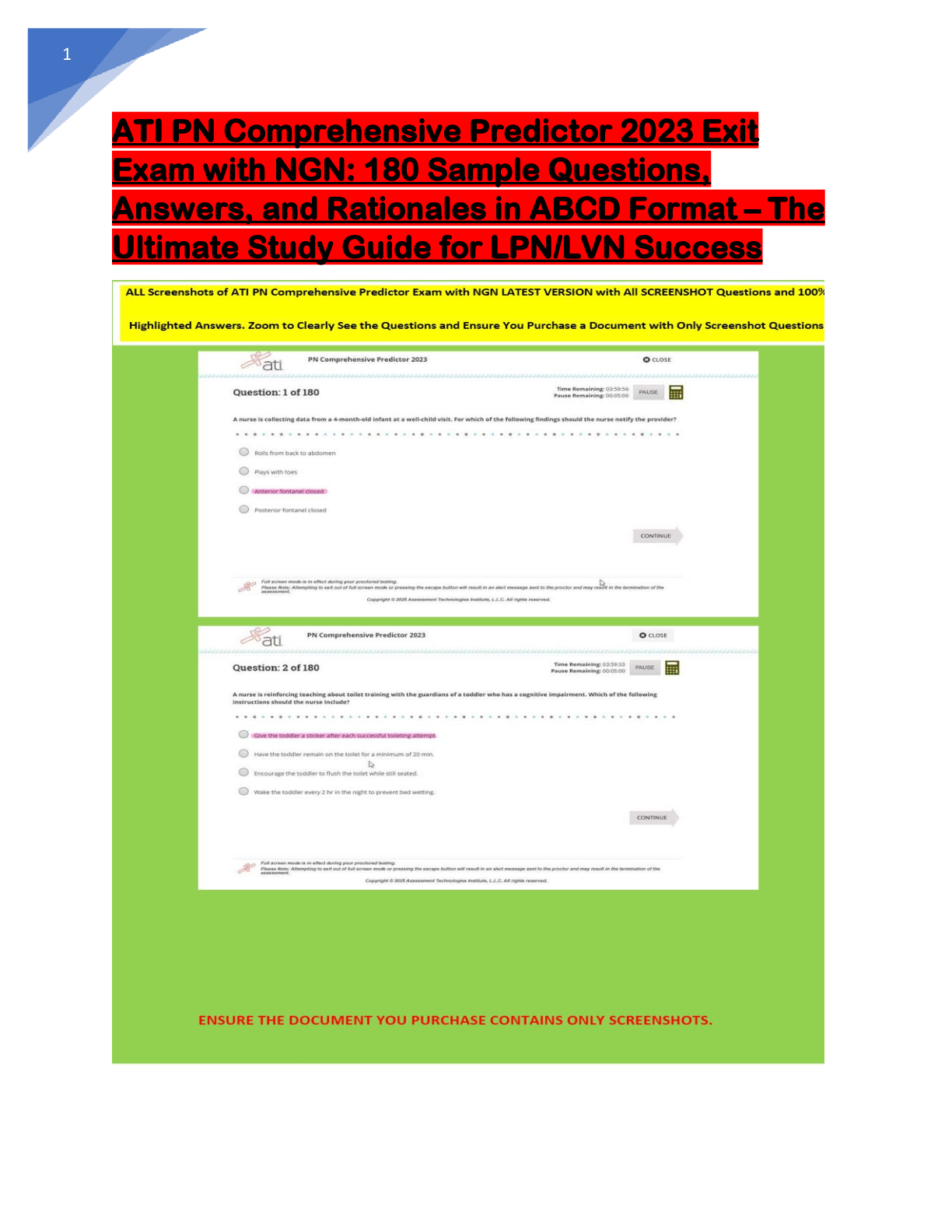 Preview of Aproved ATI PN Comprehensive Predictor 2023 Exit  Exam with NGN: 180 Questions & 100% Correct  Answers | ATI PN Comprehensive Predictor Exit  Exam with NGN 180 Q & A: Latest Actual Exam  Version