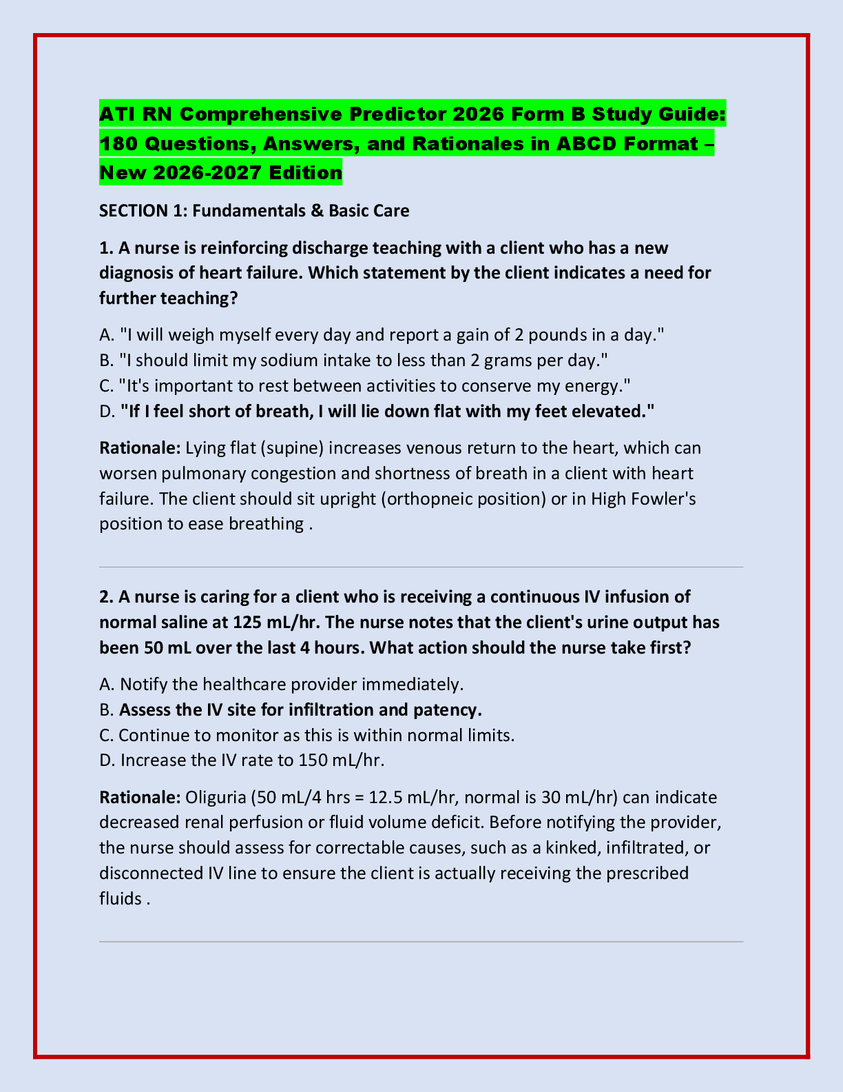 Recommended document preview for ATI RN Comprehensive Predictor 2026 Form B Study Guide:  180 Questions, Answers, and Rationales in ABCD Format –  New 2026-2027 Edition