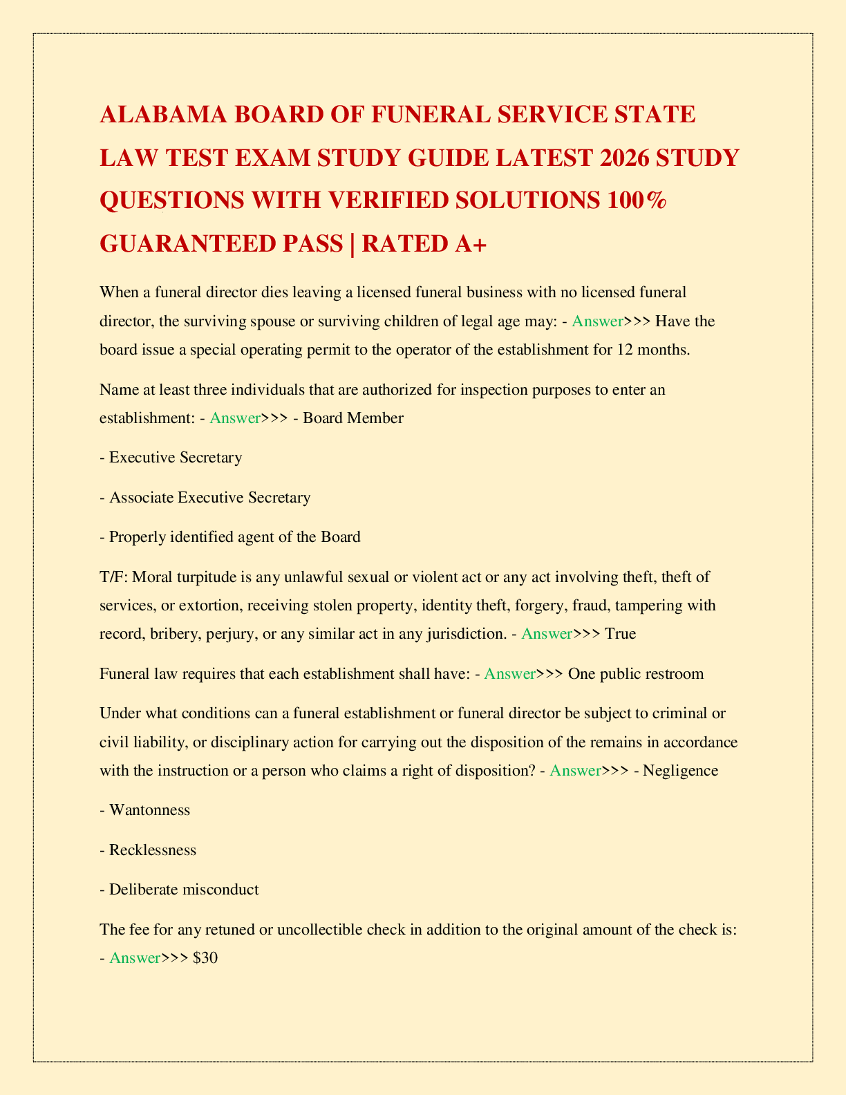 ALABAMA BOARD OF FUNERAL SERVICE STATE LAW TEST EXAM STUDY GUIDE LATEST 2026 STUDY QUESTIONS WITH VERIFIED SOLUTIONS 100% GUARANTEED PASS | RATED A+