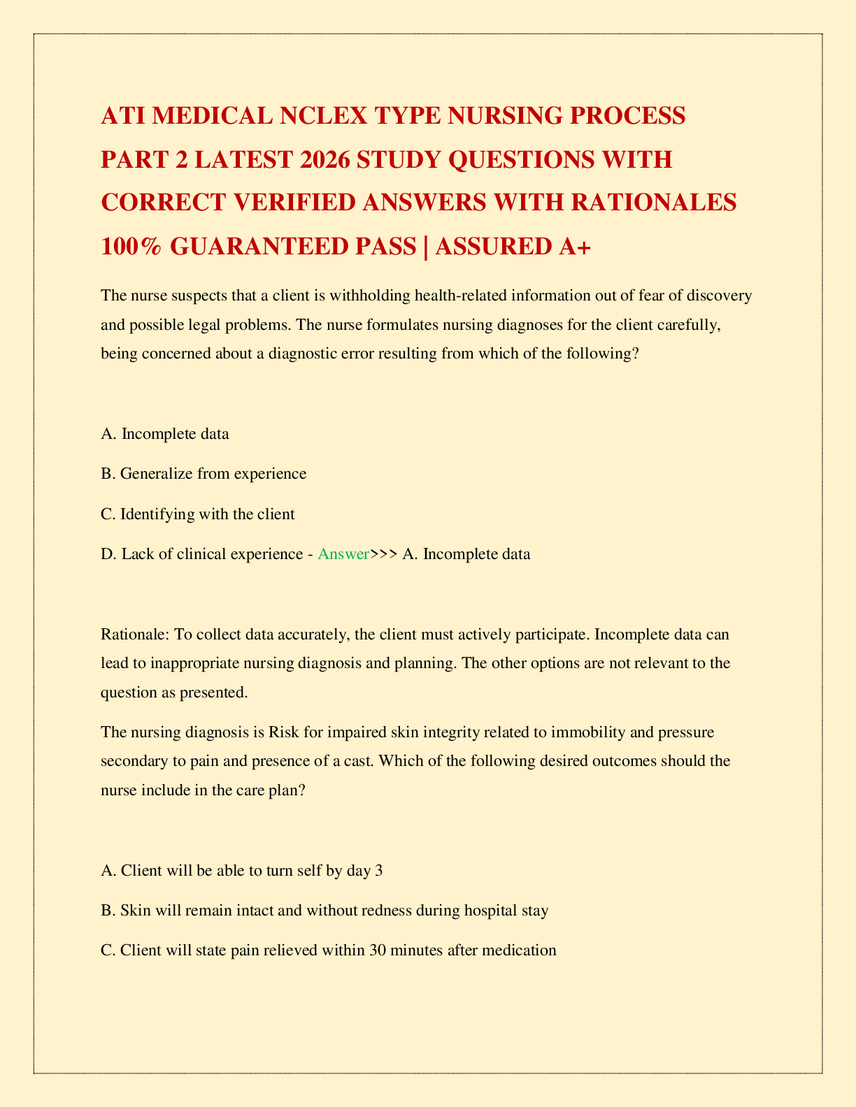 Recommended document preview for ATI MEDICAL NCLEX TYPE NURSING PROCESS PART 2 LATEST 2026 STUDY QUESTIONS WITH CORRECT VERIFIED ANSWERS WITH RATIONALES 100% GUARANTEED PASS | ASSURED A+
