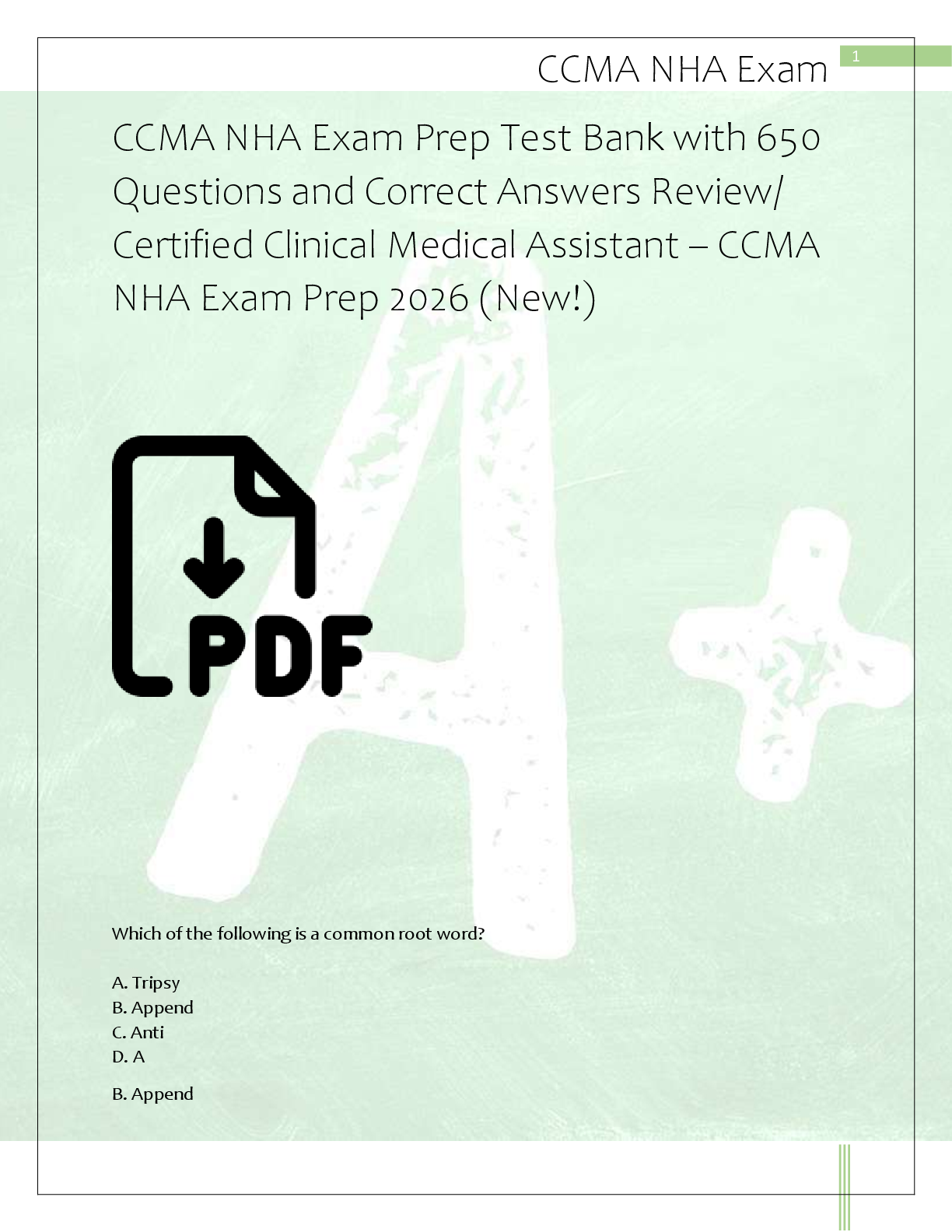 Recommended document preview for CCMA NHA Exam Prep Test Bank with 650  Questions and Correct Answers Review/  Certified Clinical Medical Assistant – CCMA  NHA Exam Prep 2026 (New!)