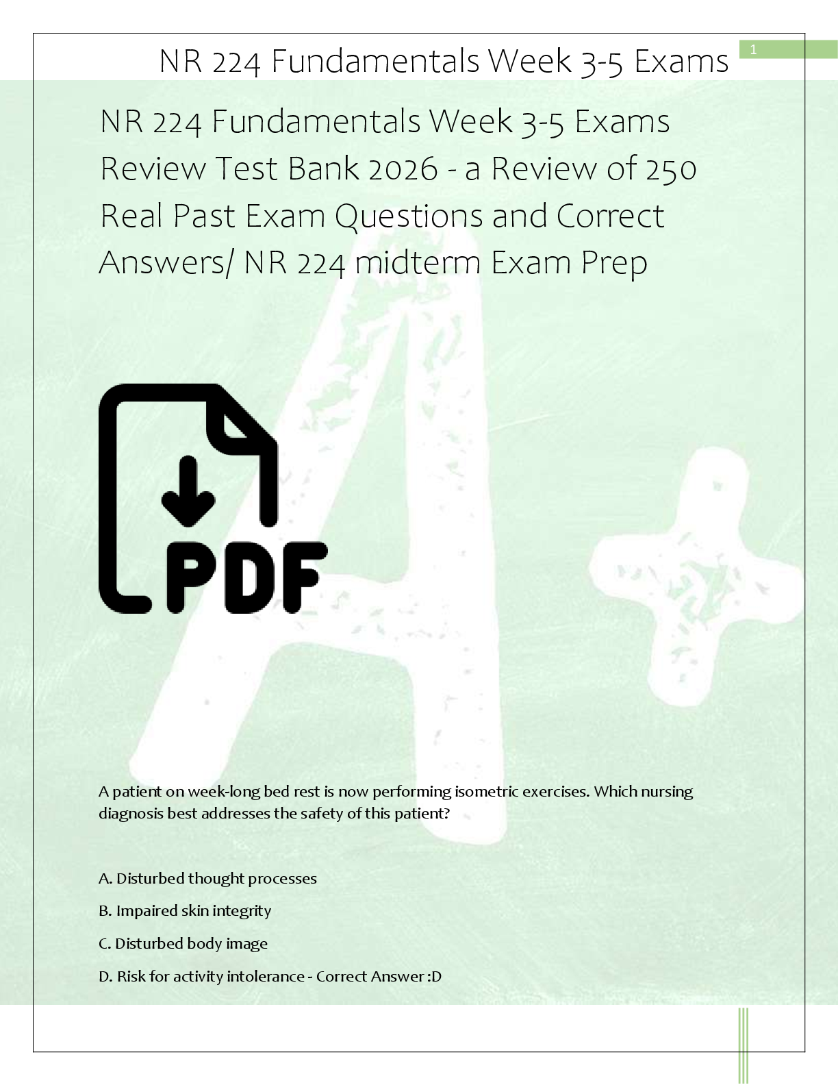 Recommended document preview for NR 224 Fundamentals Week 3-5 Exams  Review Test Bank 2026 - a Review of 250  Real Past Exam Questions and Correct  Answers/ NR 224 midterm Exam Prep