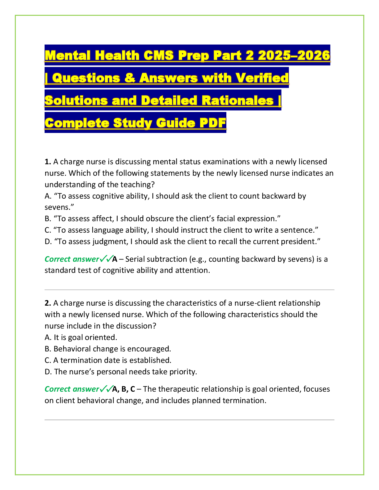 Preview of Mental Health CMS Prep Part 2 2025–2026 | Questions & Answers with Verified Solutions and