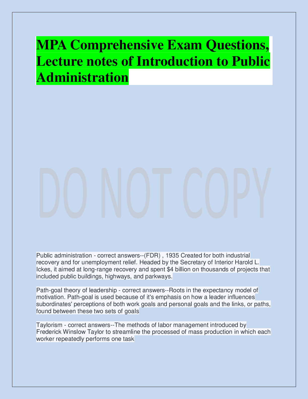 Preview image for MPA Comprehensive Exam Questions,  Lecture notes of Introduction to Public  Administration