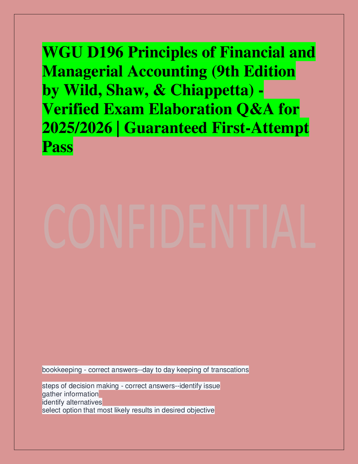 Recommended document preview for WGU D196 Principles of Financial and  Managerial Accounting (9th Edition  by Wild, Shaw, & Chiappetta) - Verified Exam Elaboration Q&A for  2025/2026 | Guaranteed First-Attempt  Pass