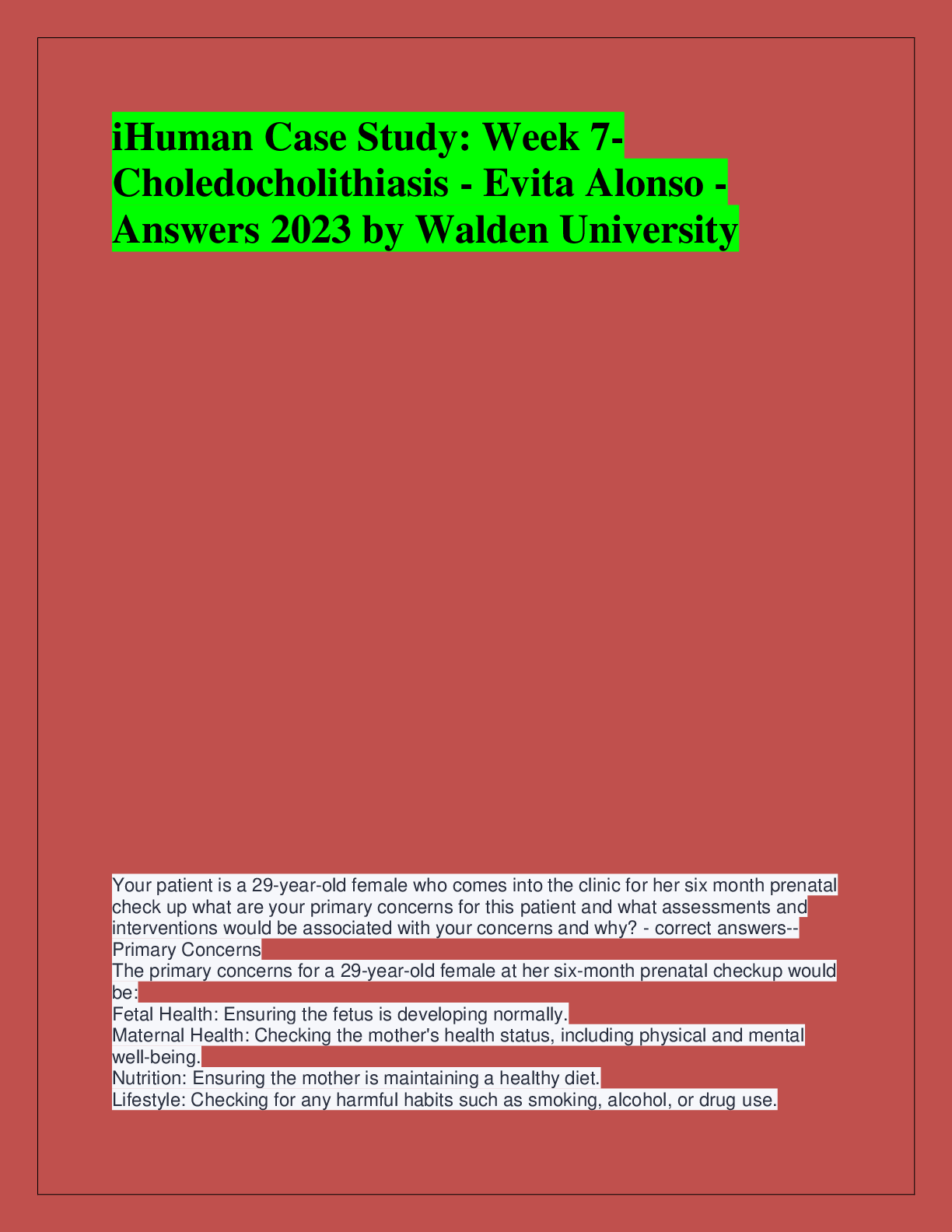 Preview of iHuman Case Study: Week 7- Choledocholithiasis - Evita Alonso - Answers 2023 by Walden University