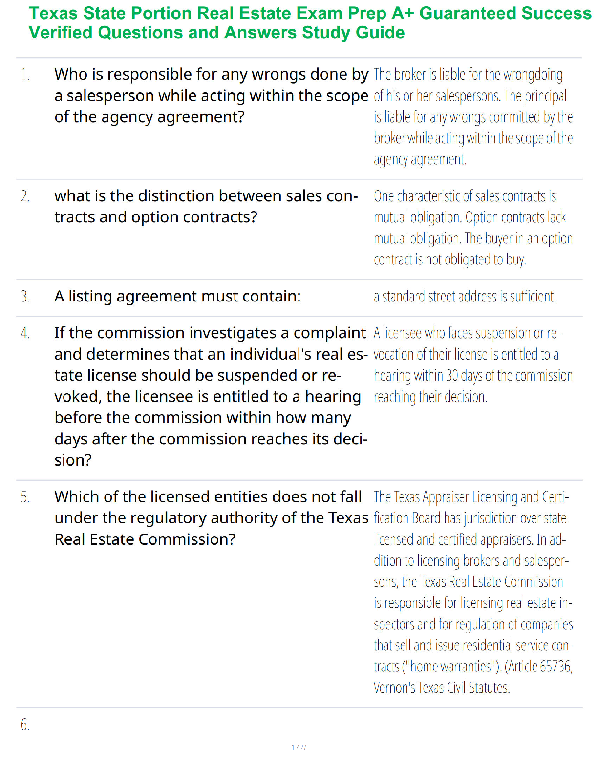 Recommended document preview for Texas State Portion Real Estate Exam Prep A+ Guaranteed Success Verified Questions and Answers Study Guide