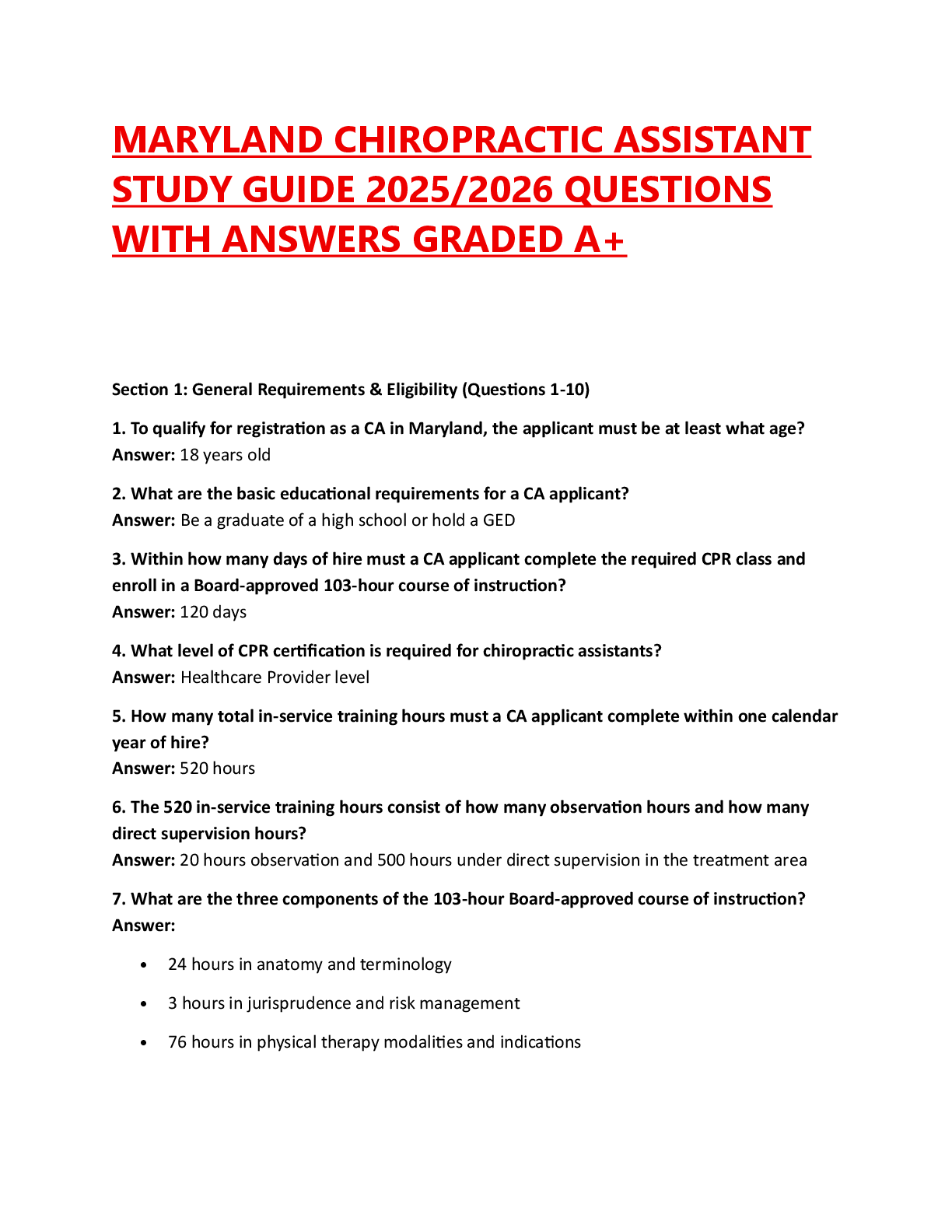 Recommended document preview for MARYLAND CHIROPRACTIC ASSISTANT  STUDY GUIDE 2025/2026 QUESTIONS  WITH ANSWERS GRADED A+