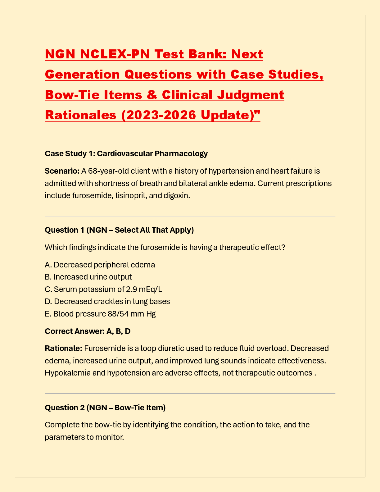 Preview of NGN NCLEX-PN Test Bank: Next  Generation Questions with Case Studies,  Bow-Tie Items &amp; Clinical Judgment  Rationales (2023-2026 Update)"