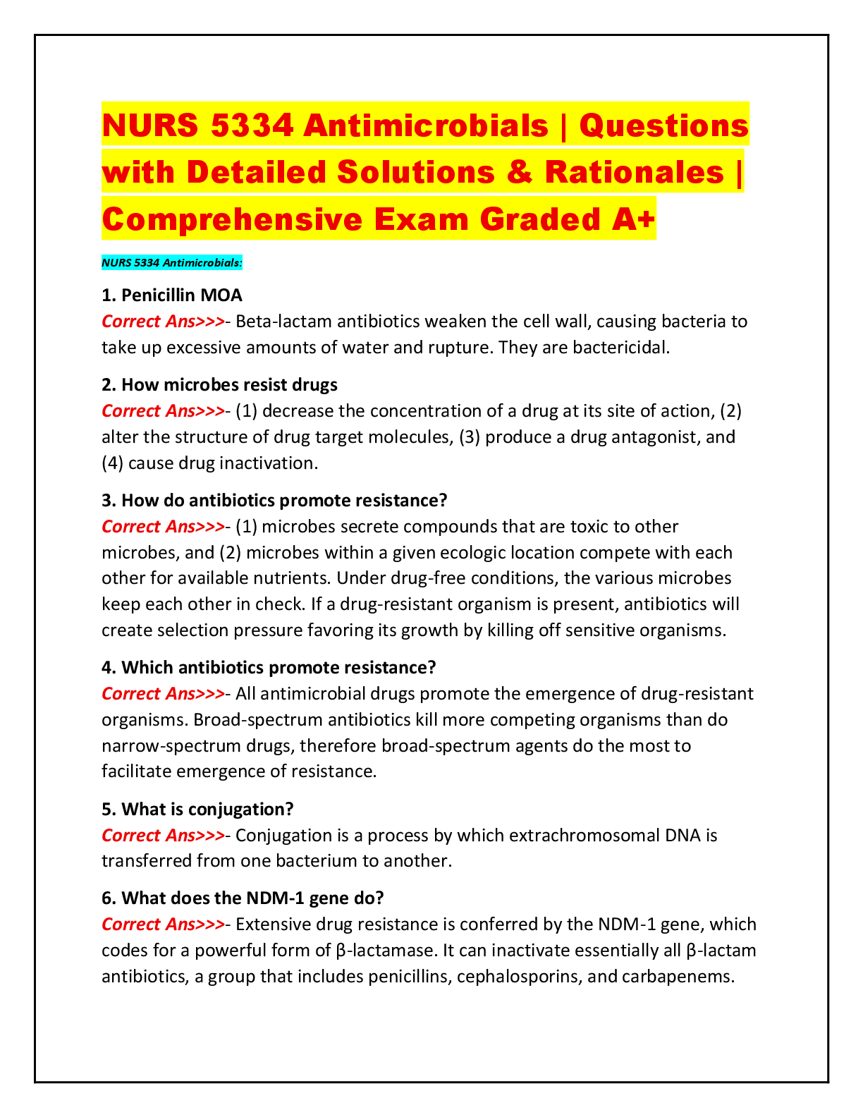 Recommended document preview for NURS 5334 Antimicrobials | Questions with Detailed Solutions & Rationales | Comprehensive Exam Graded A+
