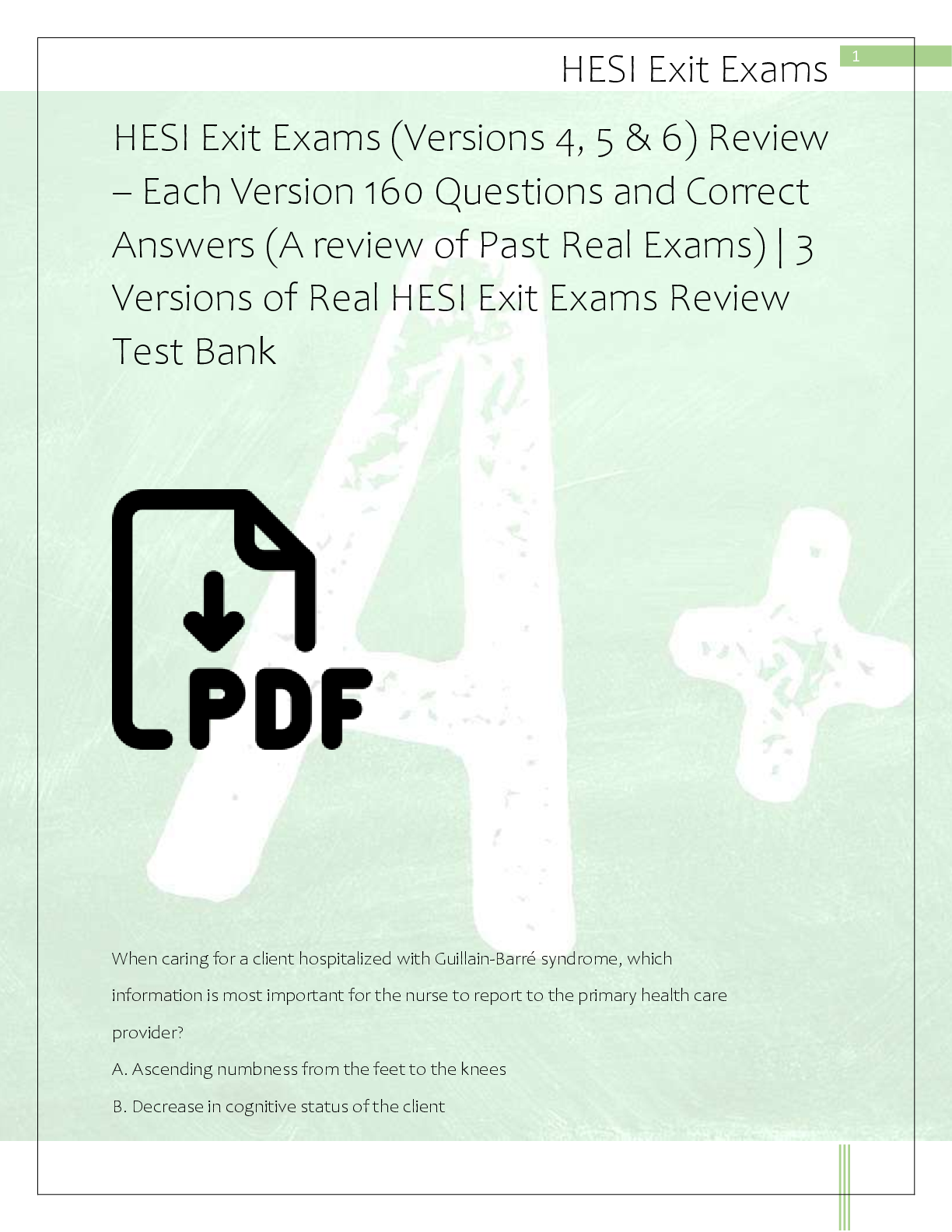 Preview of HESI Exit Exams (Versions 4, 5 & 6) Review – Each Version 160 Questions and Correct  Answe