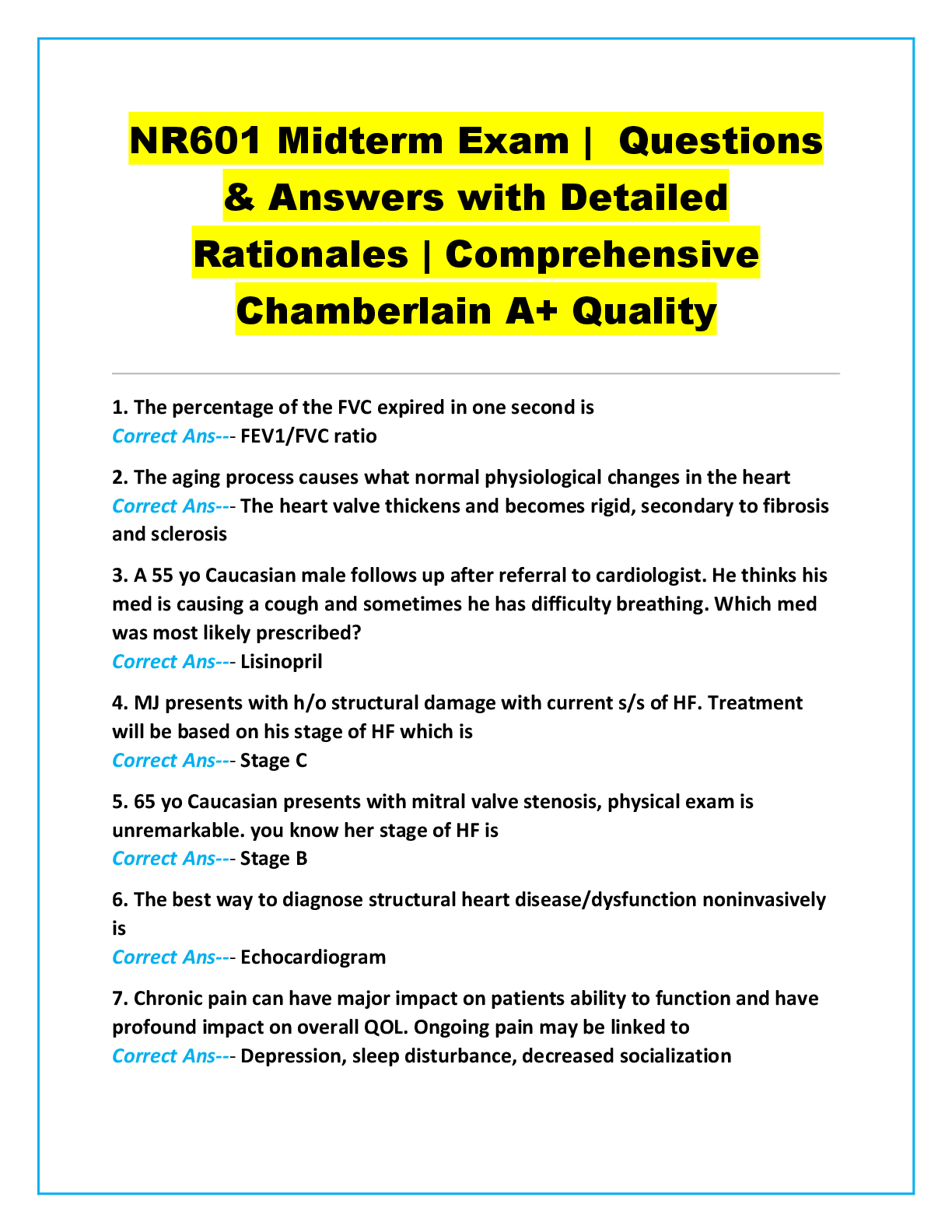 Recommended document preview for NR601 Midterm Exam |  Questions & Answers with Detailed Rationales | Comprehensive Chamberlain A+ Quality