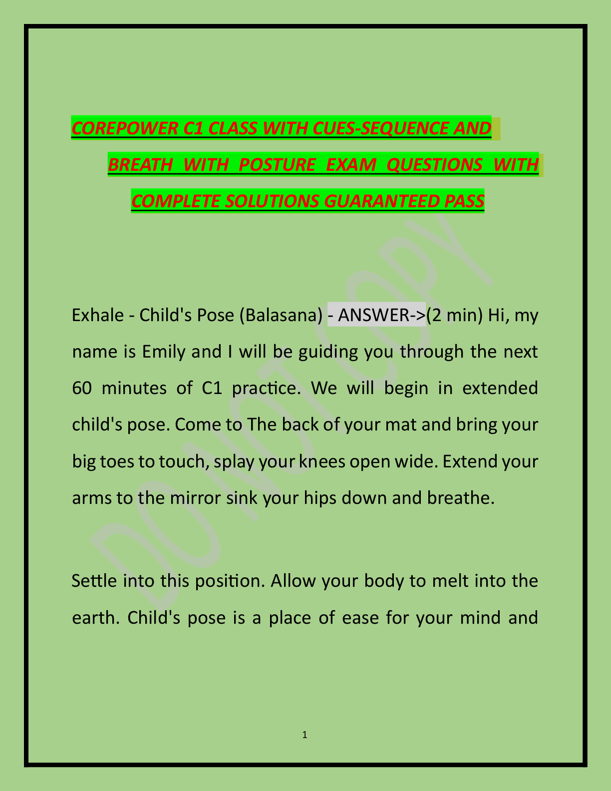 Preview of COREPOWER C1 CLASS WITH CUES-SEQUENCE AND   BREATH WITH POSTURE EXAM QUESTIONS WITH  COMPL