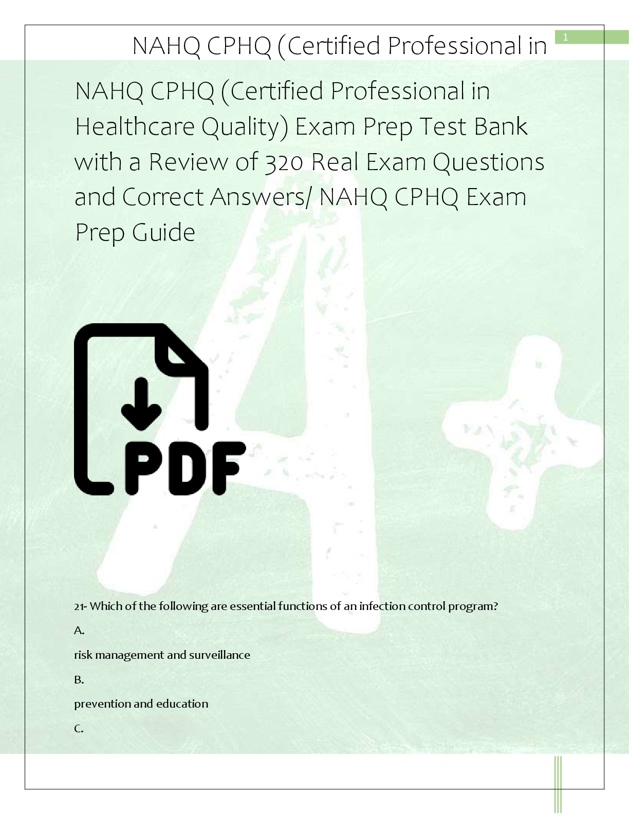 Preview of NAHQ CPHQ (Certified Professional in  Healthcare Quality) Exam Prep Test Bank  with a Revi