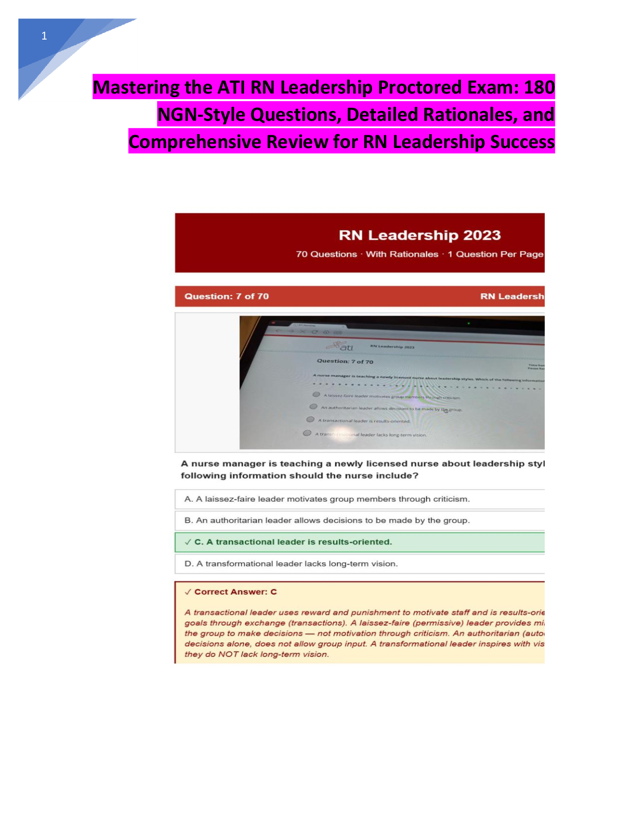 Preview of ATI RN Leadership Proctored  Exam 2023–2026: 180 Practice  Questions with Rationales — A