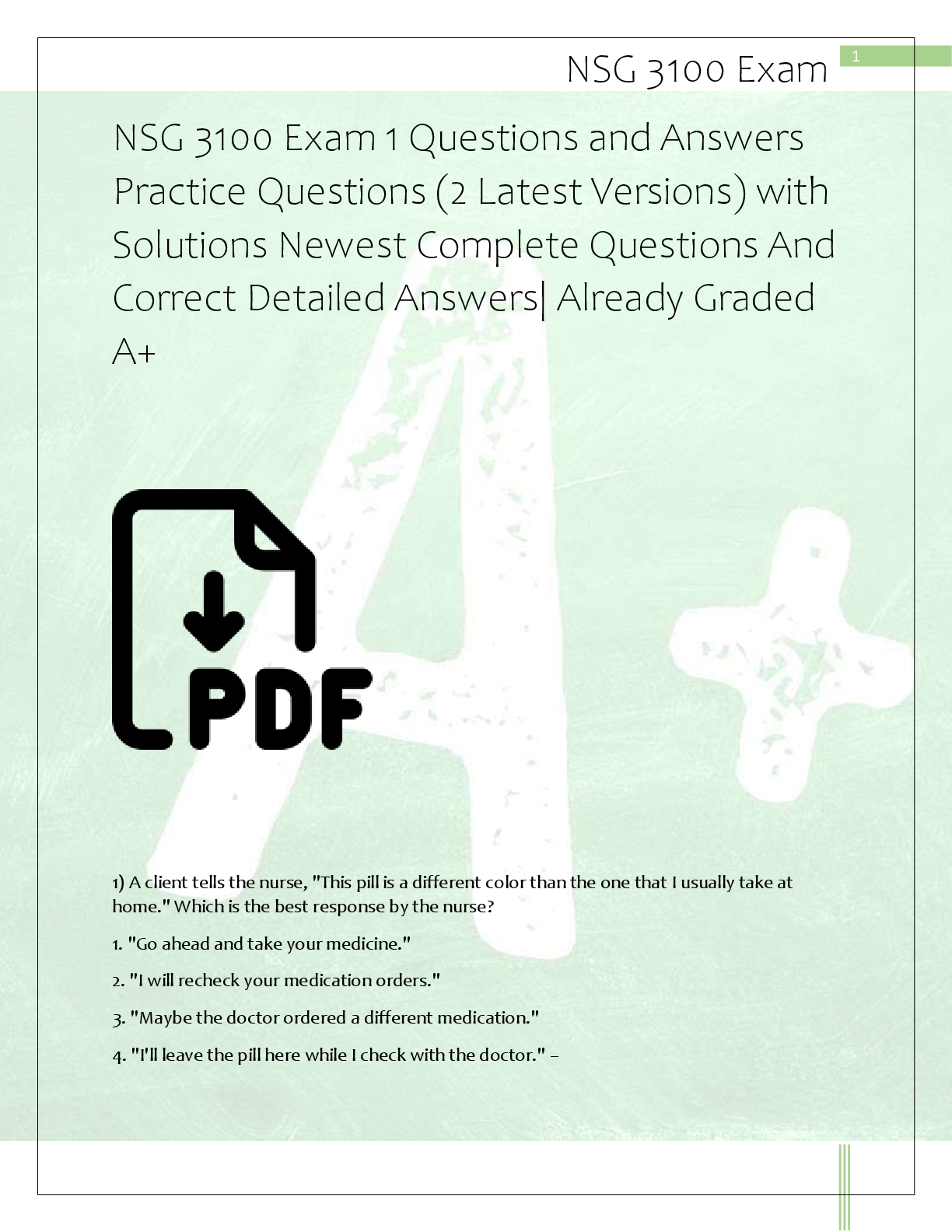 Recommended document preview for Complete NSG 3800 Exam 1 study guide  for 2026–2027 Includes exam-style  questions, answers, and detailed rationales