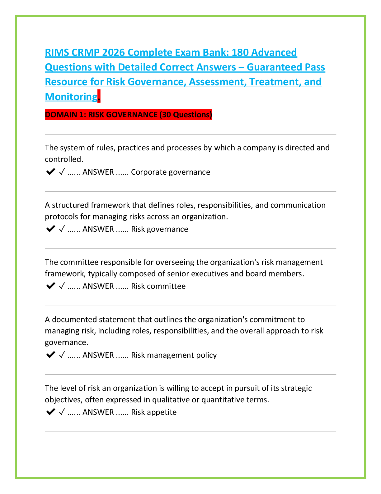 Recommended document preview for RIMS CRMP 2026 Complete Exam Bank: 180 Advanced  Questions with Detailed Correct Answers – Guaranteed Pass  Resource for Risk Governance, Assessment, Treatment, and  Monitoring.