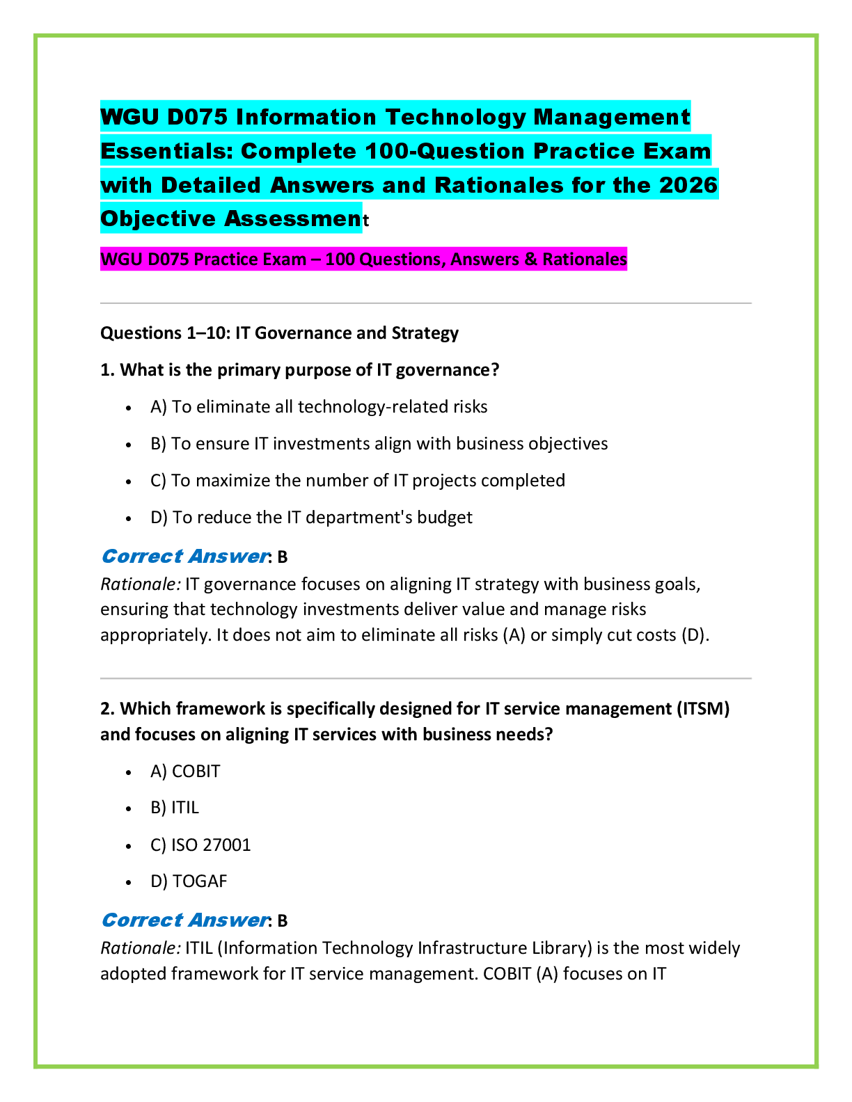 Preview of WGU D075 Information Technology Management  Essentials: Complete 100-Question Practice Exam  with Detailed Answers and Rationales for the 2026  Objective Assessment