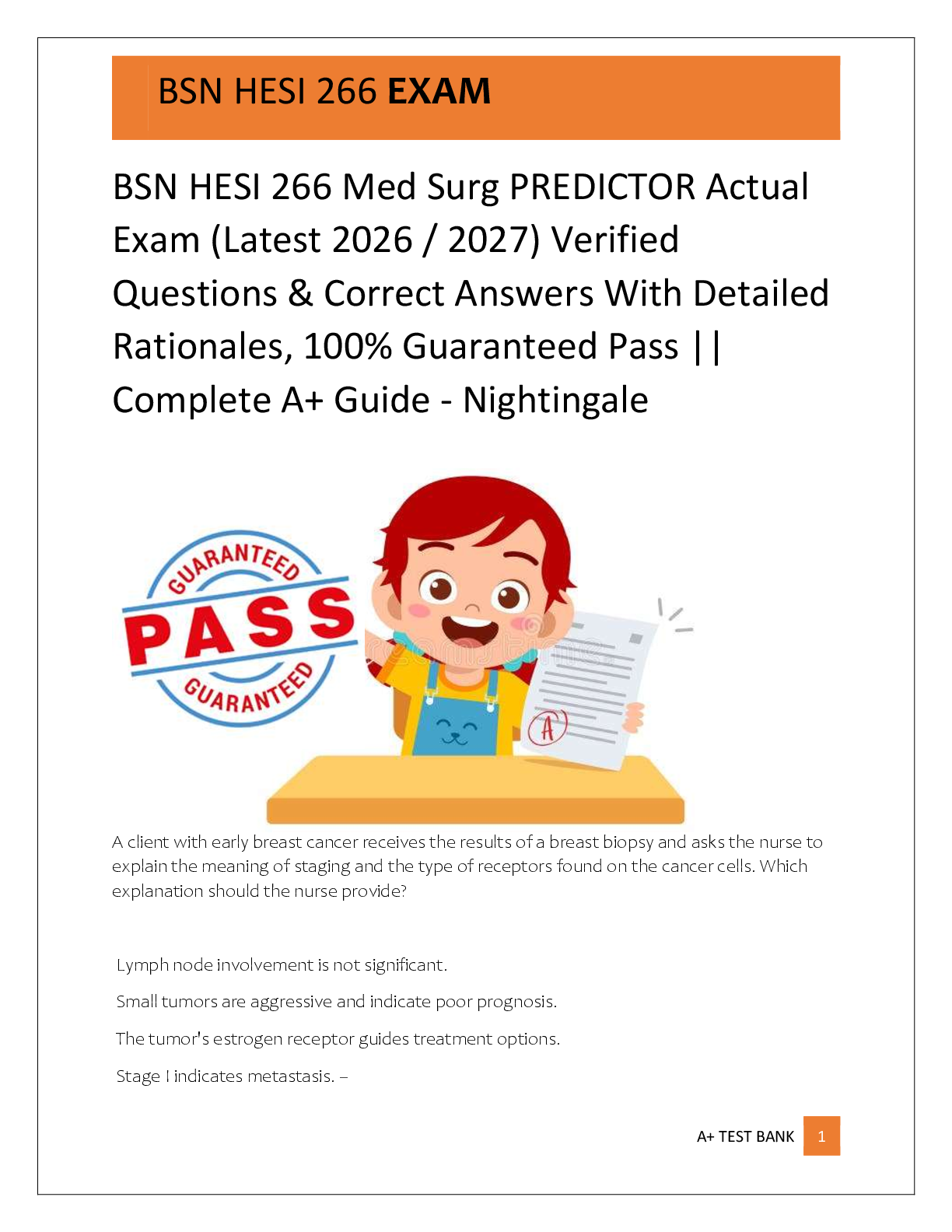Recommended document preview for BSN HESI 266 Med Surg PREDICTOR Actual  Exam (Latest 2026 / 2027) Verified  Questions & Correct Answers With Detailed   Rationales, 100% Guaranteed Pass ||  Complete A+ Guide - Nightingale