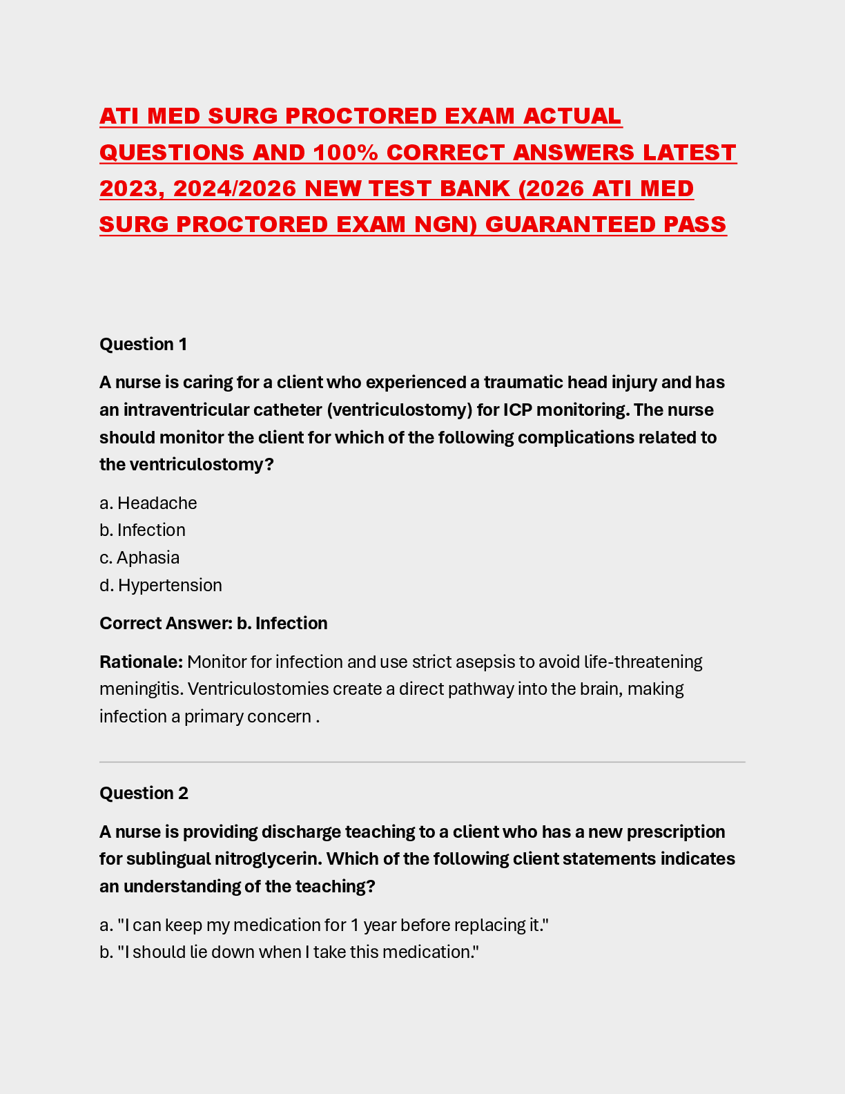 Recommended document preview for ATI MED SURG PROCTORED EXAM ACTUAL  QUESTIONS AND 100% CORRECT ANSWERS LATEST  2023, 2024/2026 NEW TEST BANK (2026 ATI MED  SURG PROCTORED EXAM NGN) GUARANTEED PASS