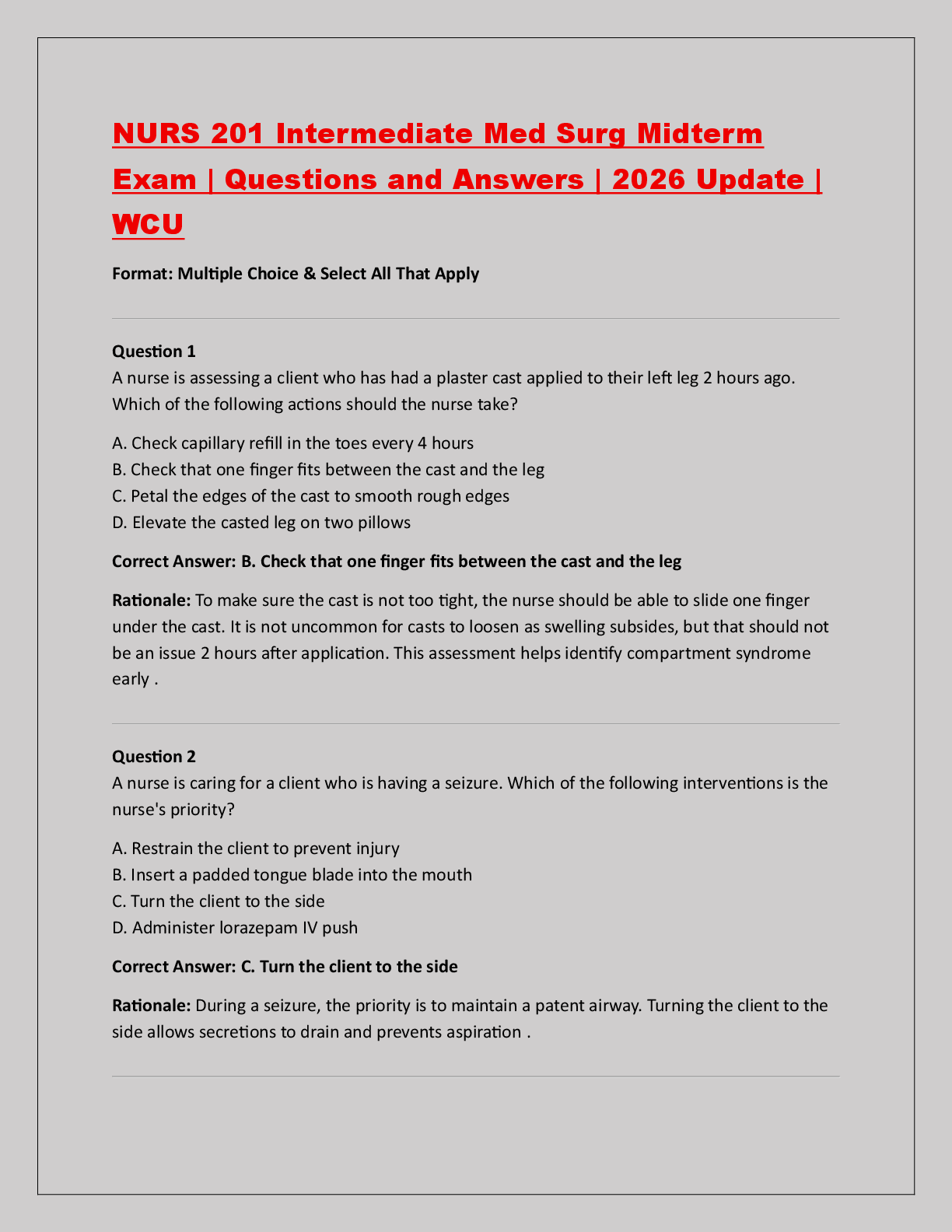 NURS 201 Intermediate Med Surg Midterm  Exam | Questions and Answers | 2026 Update |  WCU