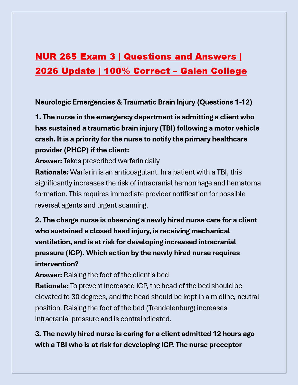 Preview of NUR 265 Exam 3 | Questions and Answers |  2026 Update | 100% Correct – Galen College