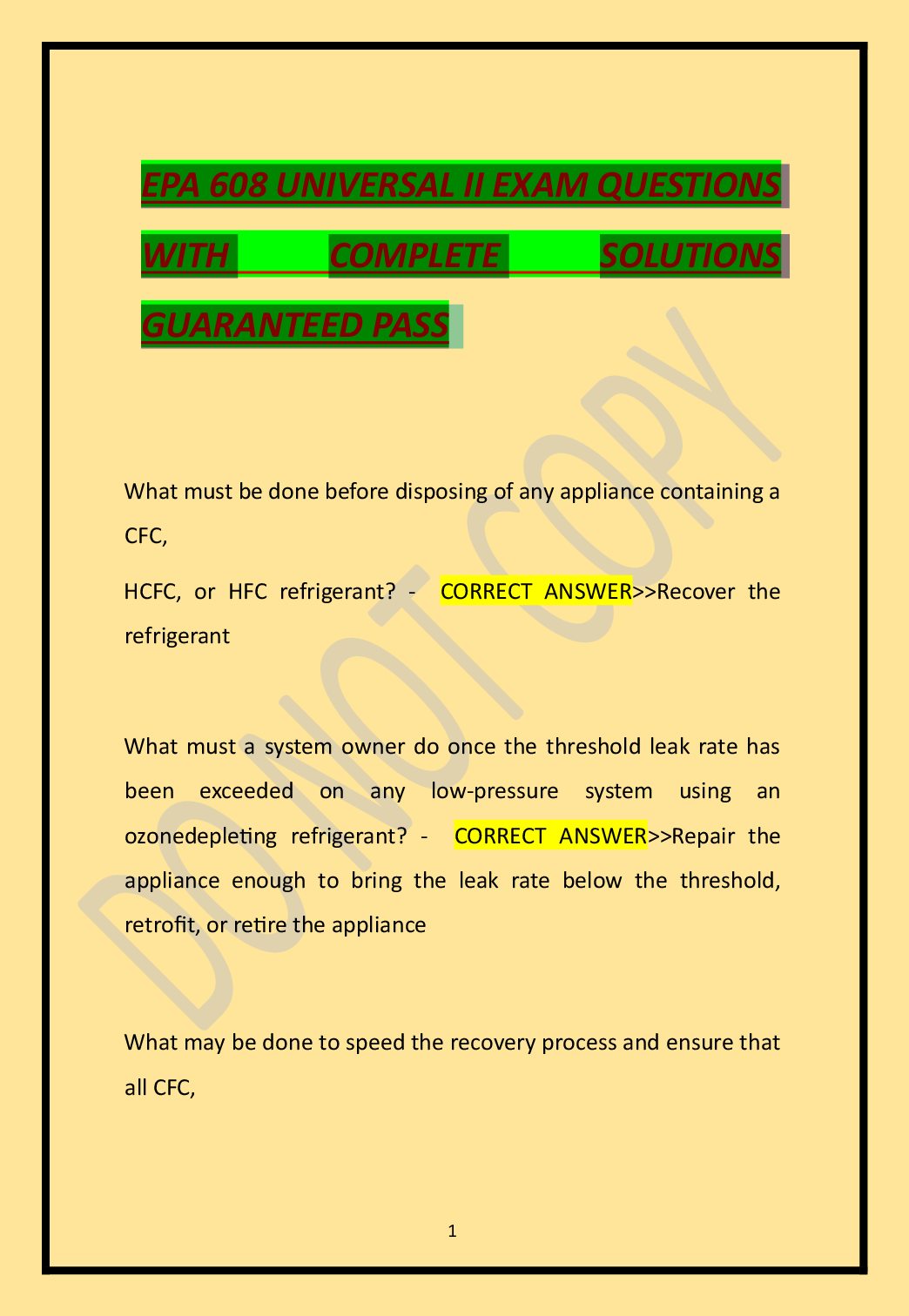 Preview of EPA 608 UNIVERSAL II EXAM QUESTIONS  WITH  COMPLETE  SOLUTIONS  GUARANTEED PASS