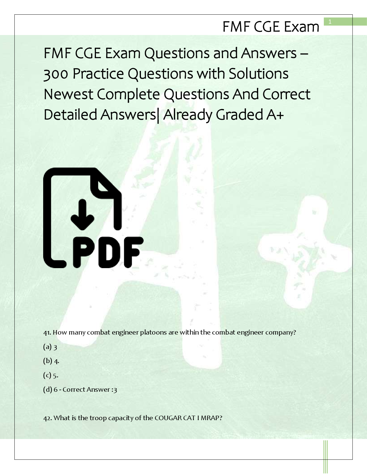 Preview of FMF CGE Exam Questions and Answers –  300 Practice Questions with Solutions  Newest Complete Questions And Correct  Detailed Answers| Already Graded A+
