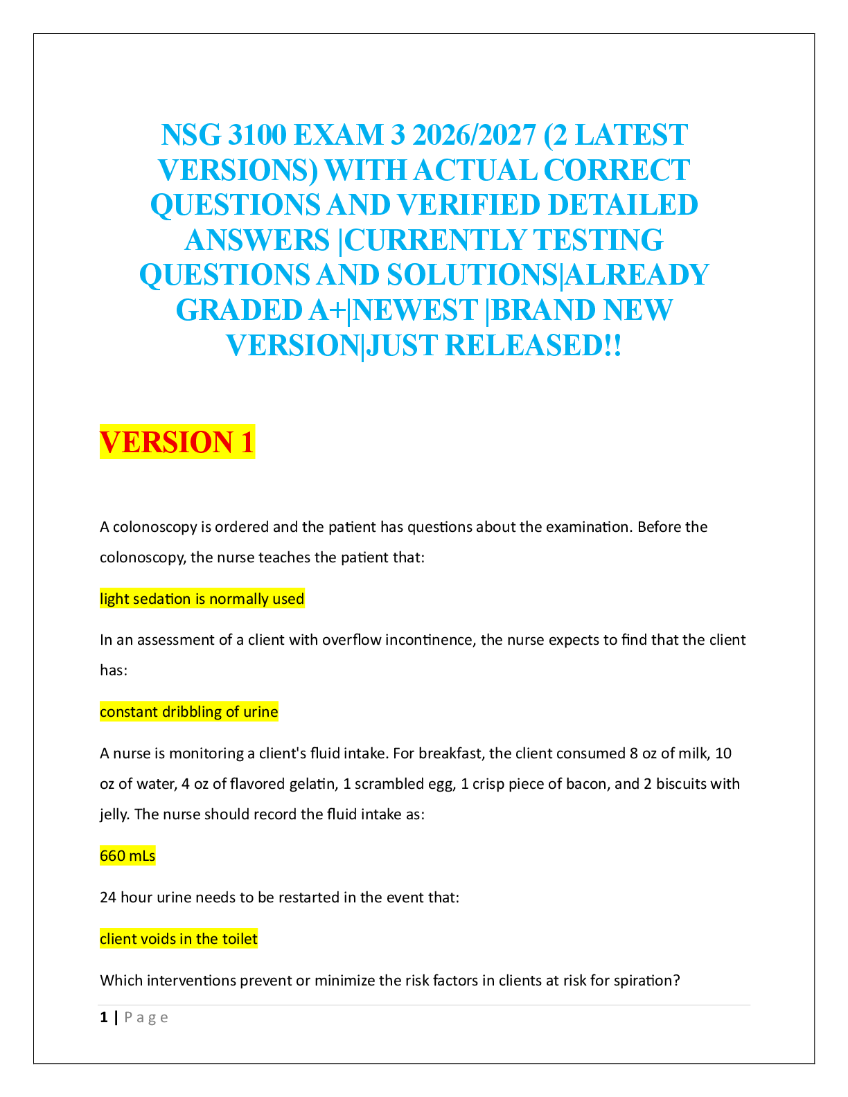 NSG 3100 EXAM 3 2026/2027 (2 LATEST  VERSIONS)