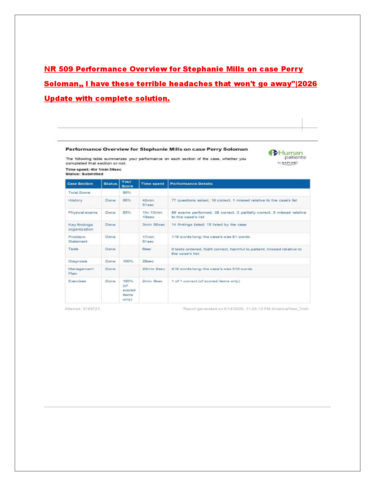 Recommended document preview for NR 509 Performance Overview for Stephanie Mills on case Perry  Soloman,, I have these terrible headaches that won't go away"|2026  Update with complete solution.